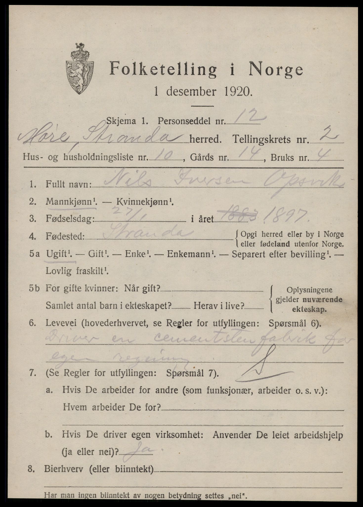 SAT, Folketelling 1920 for 1525 Stranda herred, 1920, s. 1063