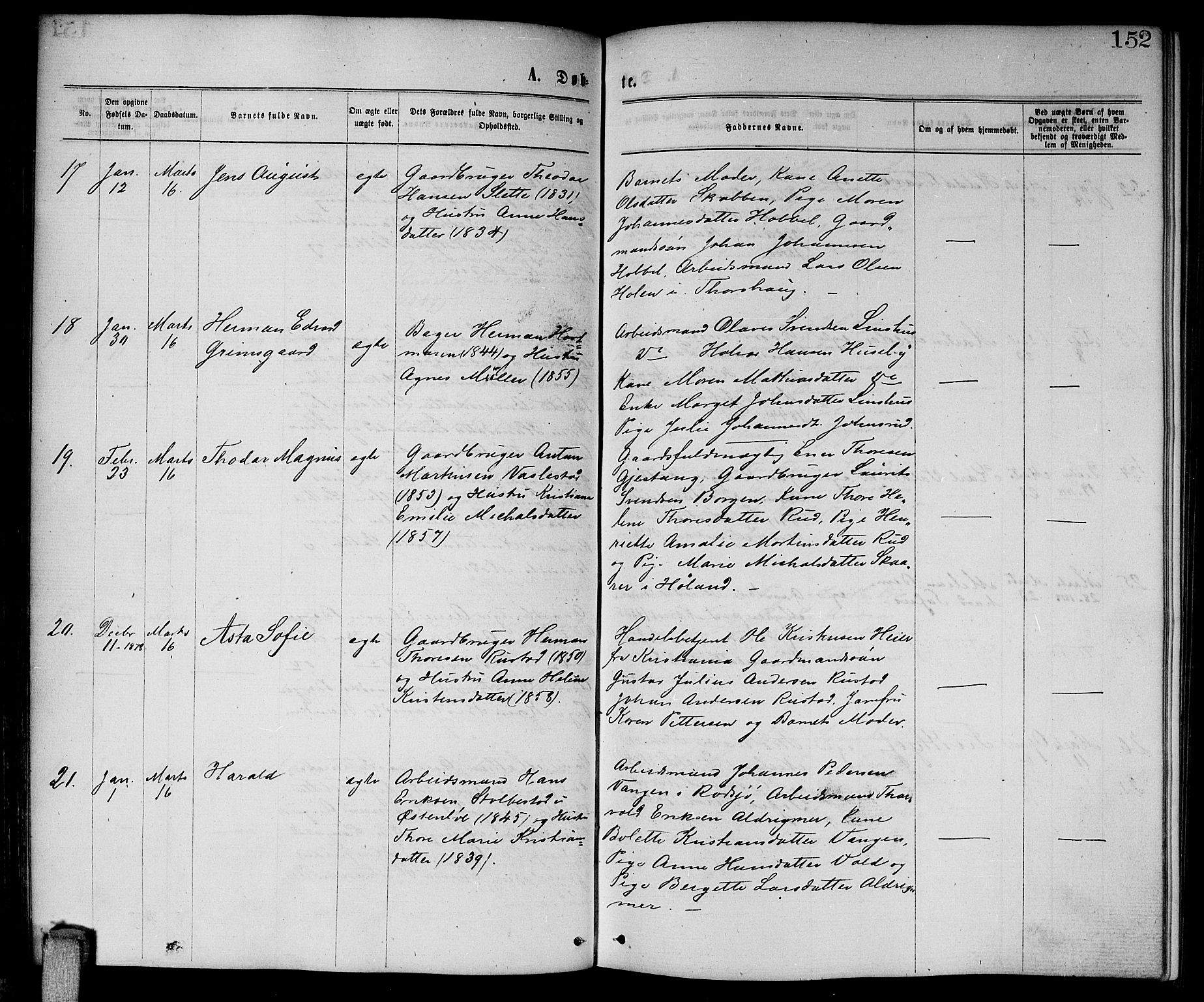 Enebakk prestekontor Kirkebøker, AV/SAO-A-10171c/G/Ga/L0005: Klokkerbok nr. I 5, 1867-1888, s. 152