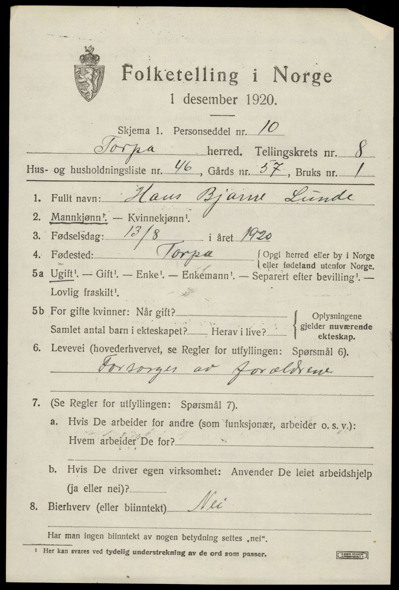 SAH, Folketelling 1920 for 0539 Torpa herred, 1920, s. 5091