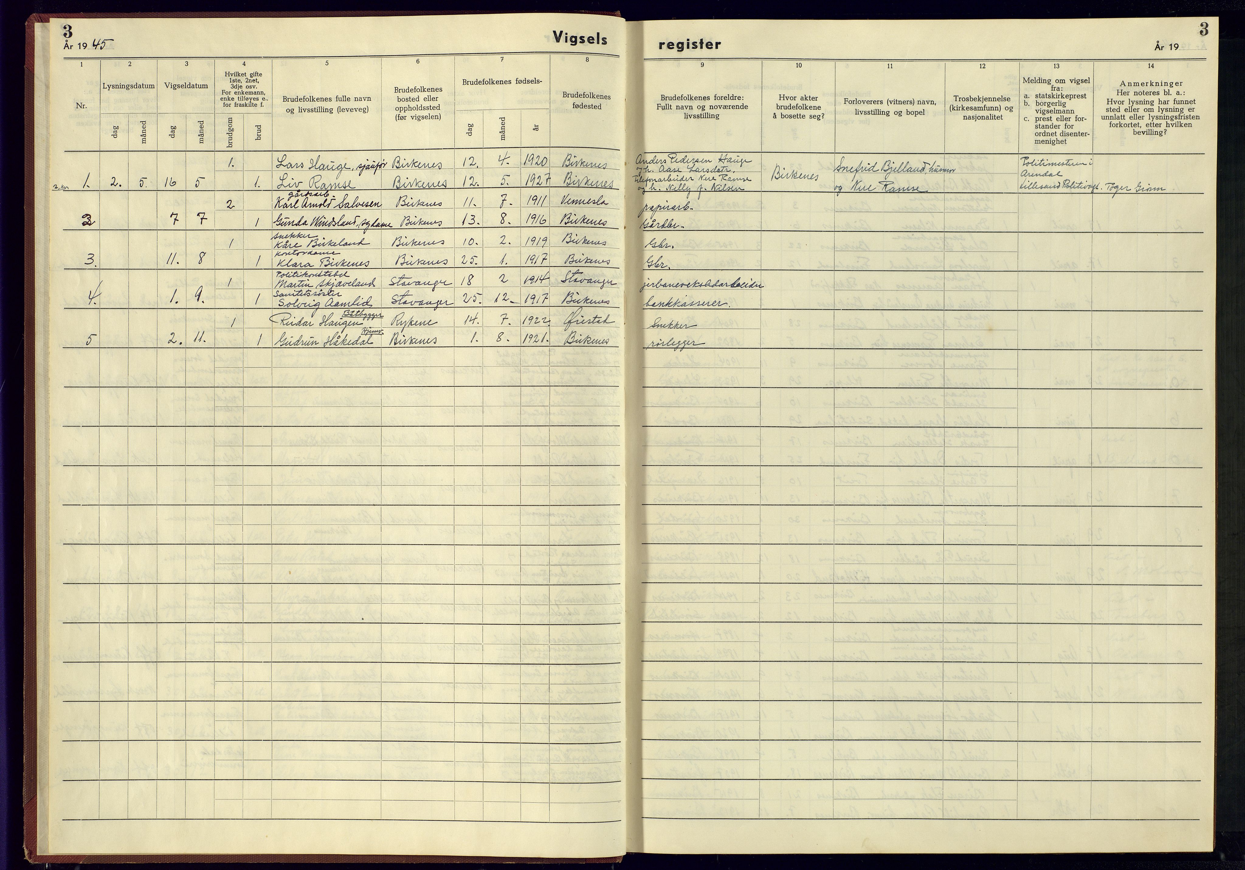 Birkenes sokneprestkontor, SAK/1111-0004/J/Jb/L0002: Vigselsregister nr. II.6.2, 1943-1951, s. 3