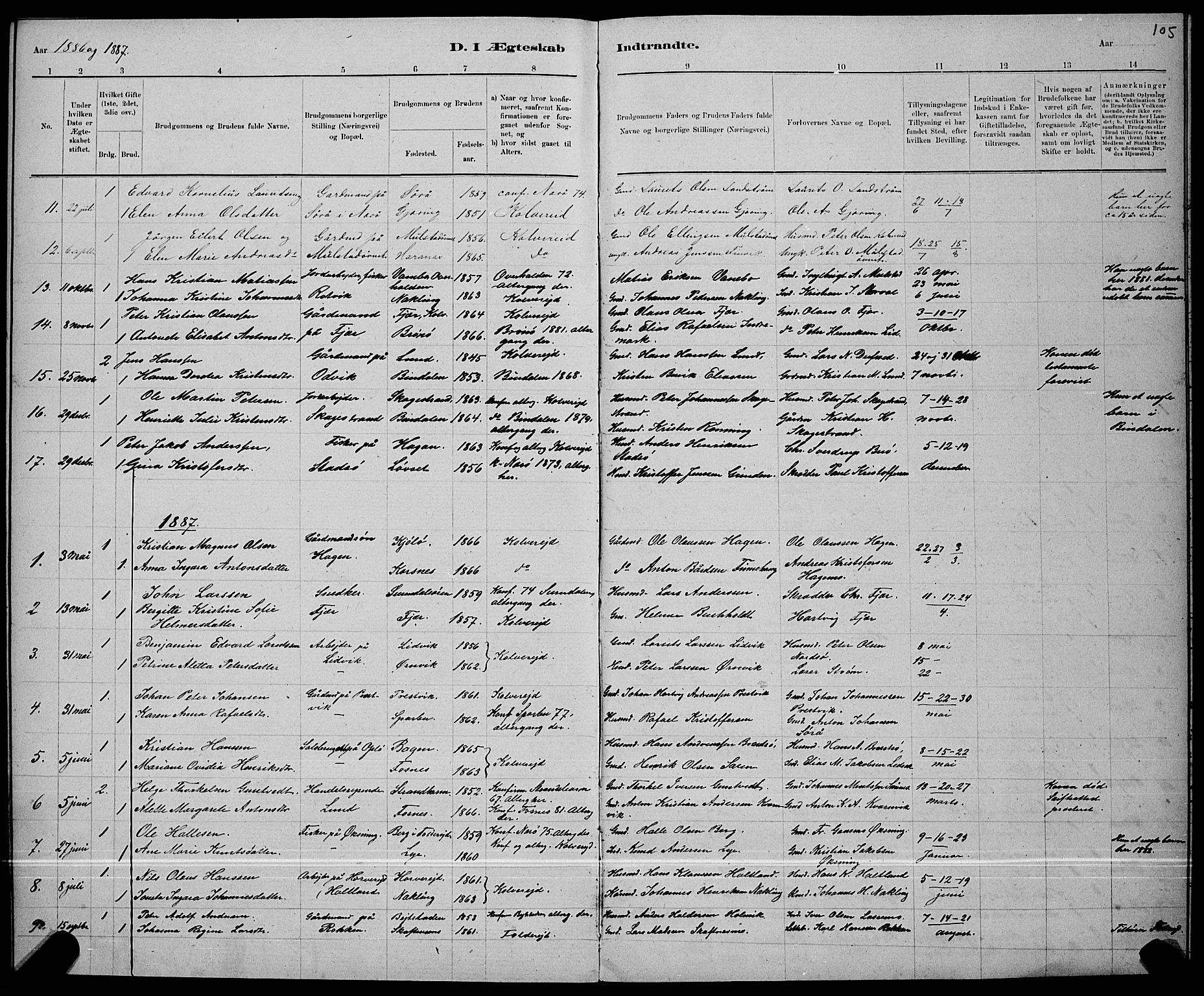 Ministerialprotokoller, klokkerbøker og fødselsregistre - Nord-Trøndelag, SAT/A-1458/780/L0651: Klokkerbok nr. 780C03, 1884-1898, s. 105