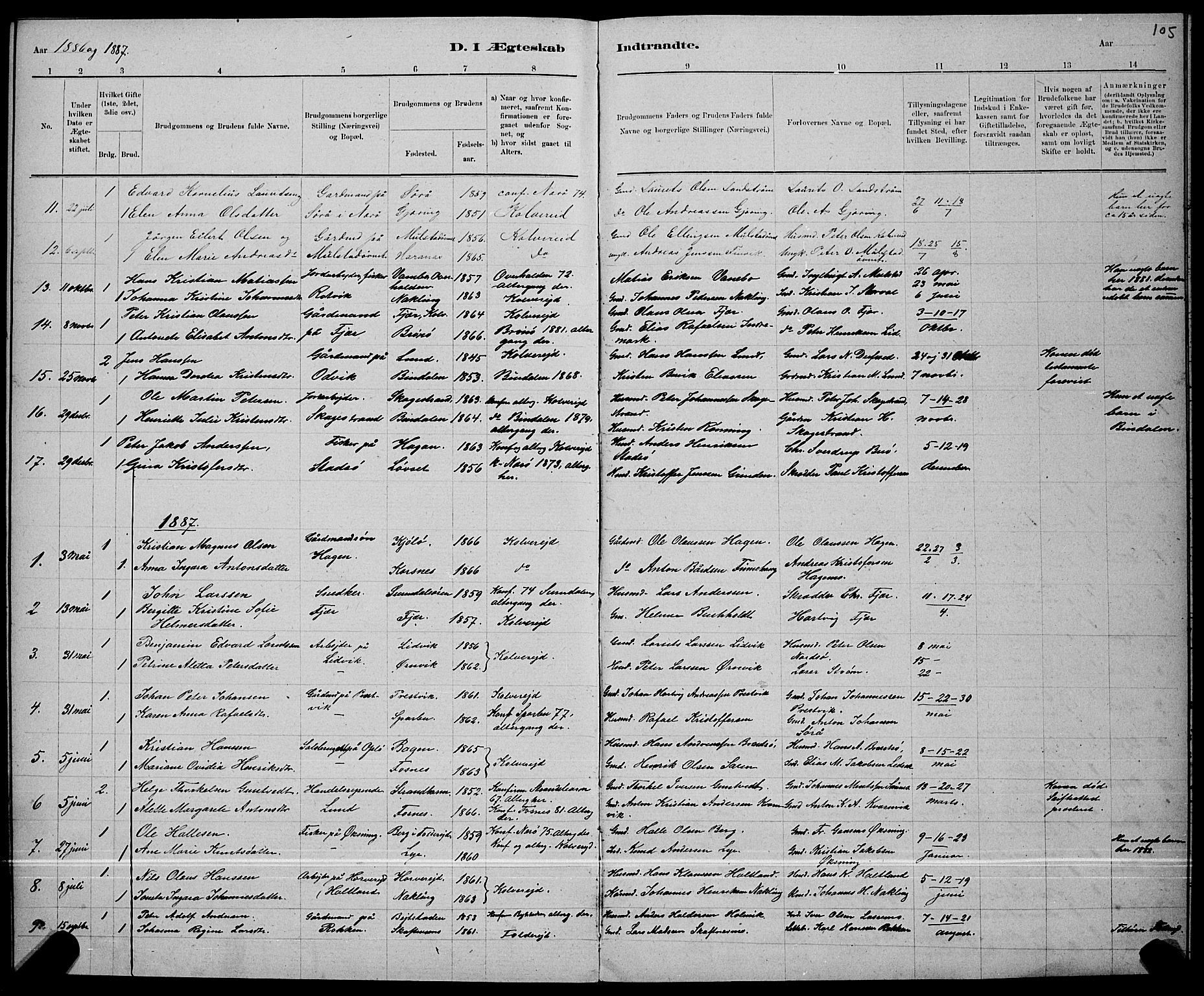 Ministerialprotokoller, klokkerbøker og fødselsregistre - Nord-Trøndelag, AV/SAT-A-1458/780/L0651: Klokkerbok nr. 780C03, 1884-1898, s. 105