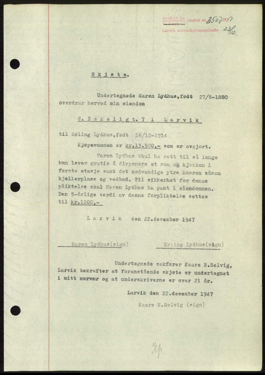 Larvik sorenskriveri, SAKO/A-83/G/Ga/Gab/L0085: Pantebok nr. A-19, 1947-1948, Dagboknr: 3507/1947