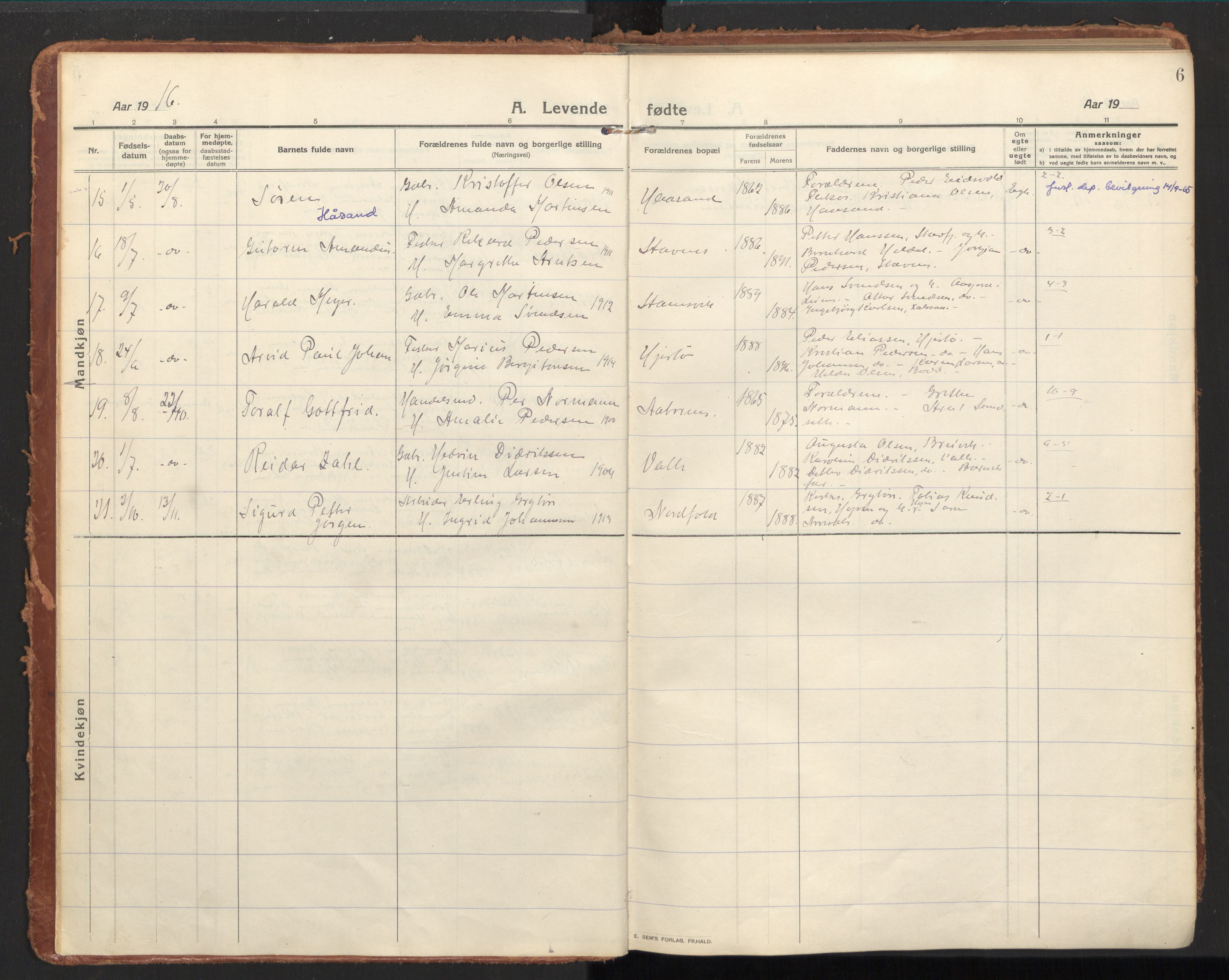 Ministerialprotokoller, klokkerbøker og fødselsregistre - Nordland, AV/SAT-A-1459/858/L0833: Ministerialbok nr. 858A03, 1916-1934, s. 6