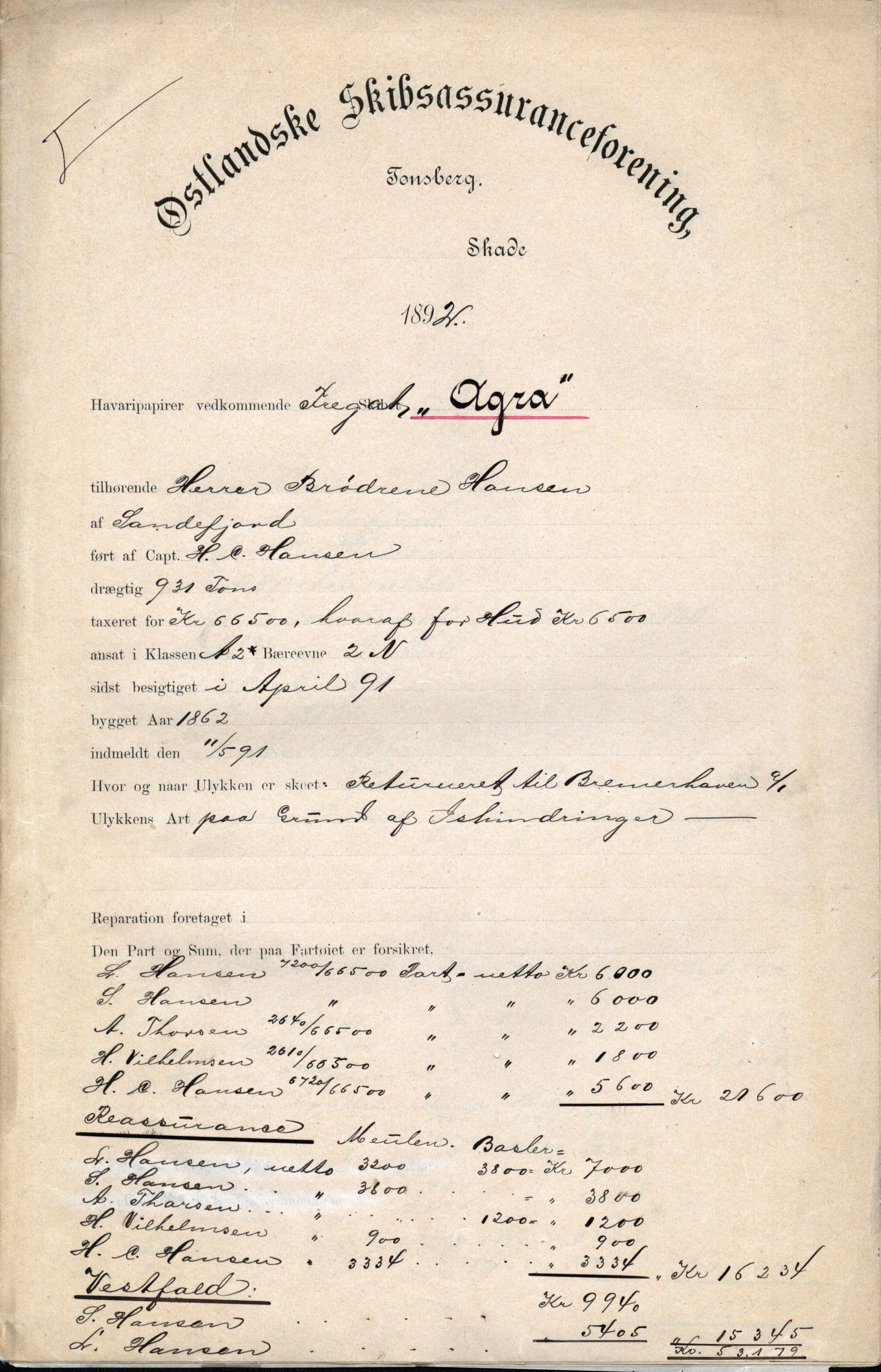 Pa 63 - Østlandske skibsassuranceforening, VEMU/A-1079/G/Ga/L0028/0001: Havaridokumenter / Kaleb, Cuba, Agra, Bertha, Olaf, 1892, s. 54