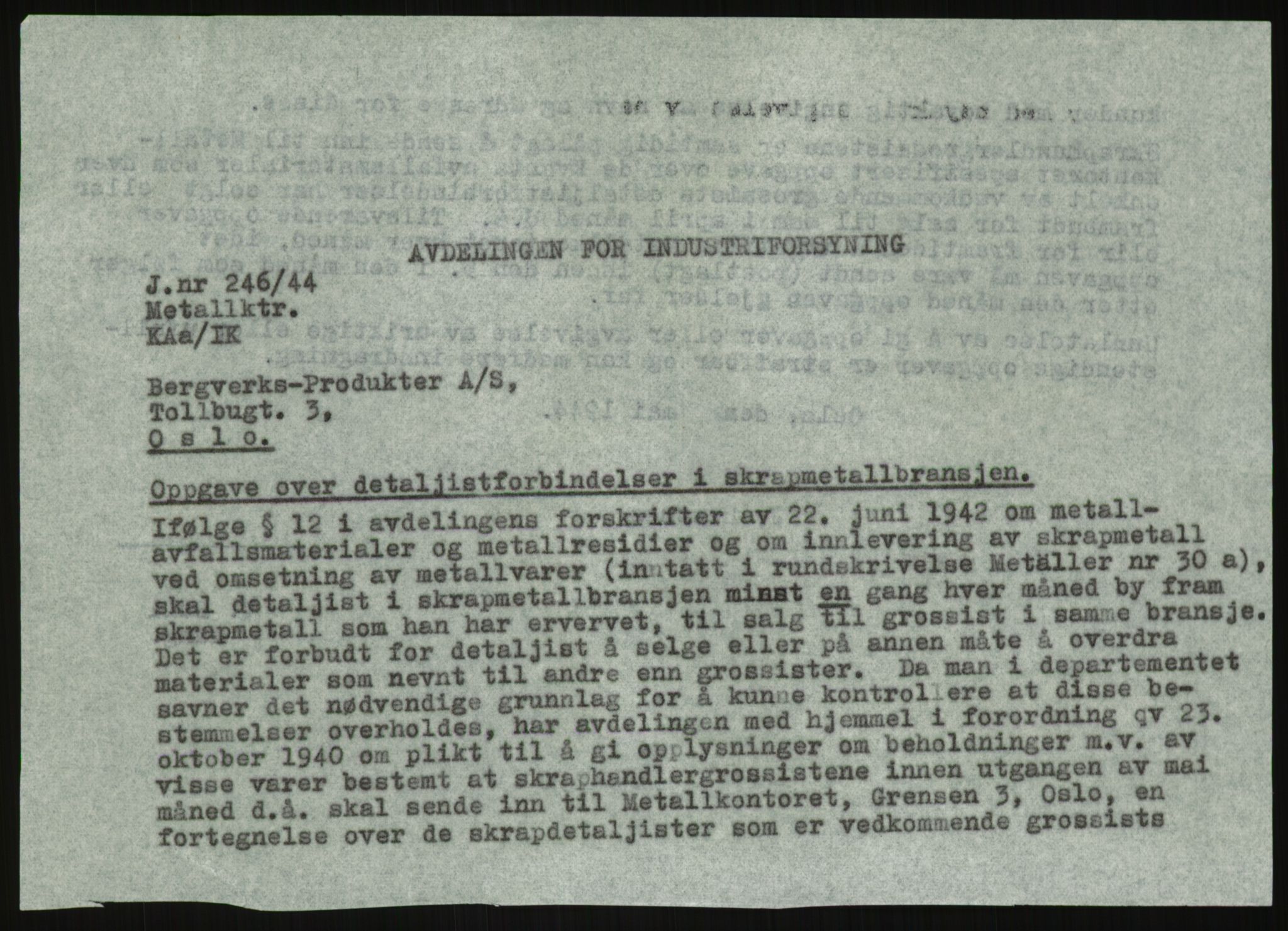 Direktoratet for industriforsyning, Sekretariatet, AV/RA-S-4153/D/Df/L0054: 9. Metallkontoret, 1940-1945, s. 1825