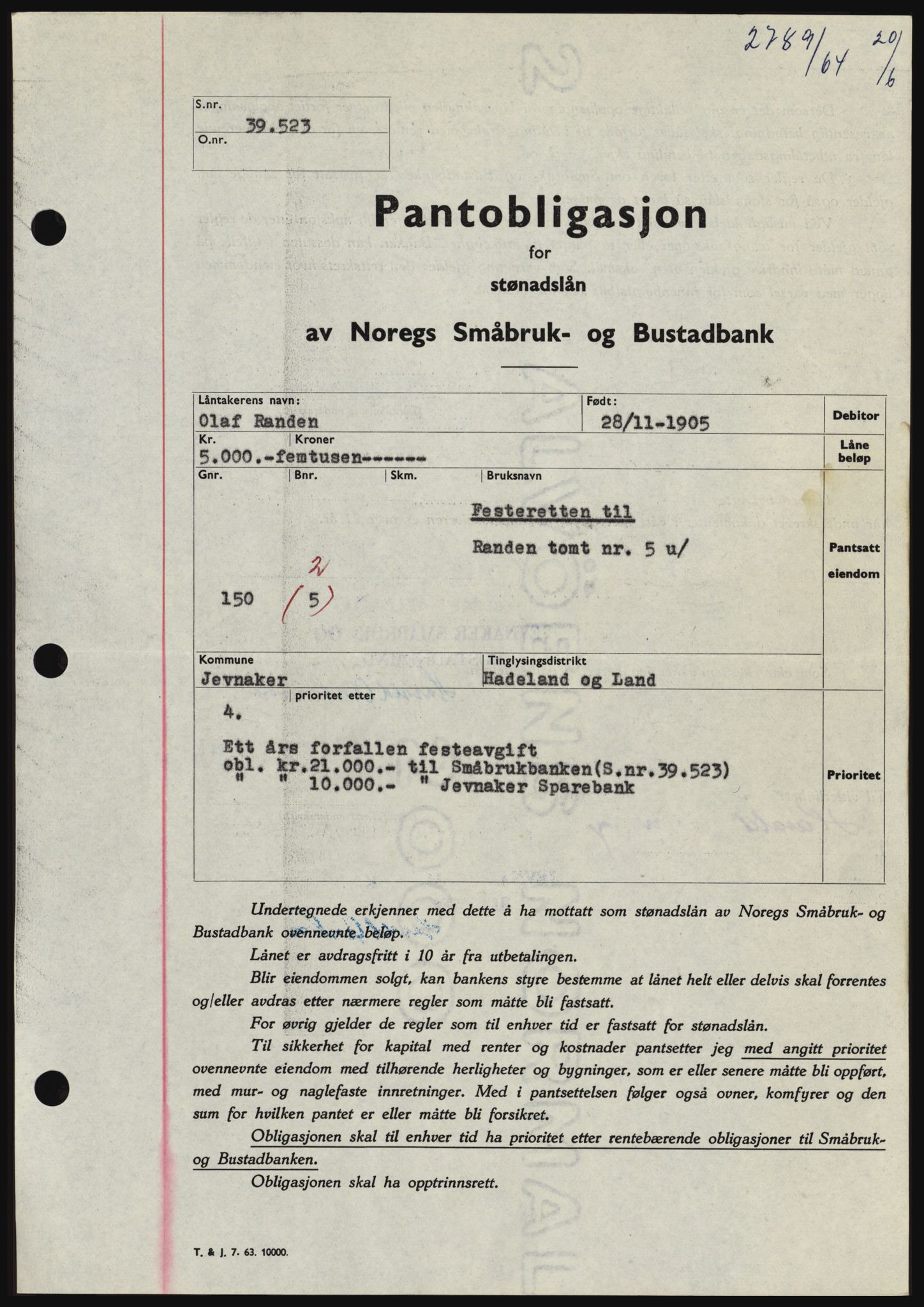 Hadeland og Land tingrett, SAH/TING-010/H/Hb/Hbc/L0055: Pantebok nr. B55, 1964-1964, Dagboknr: 2789/1964