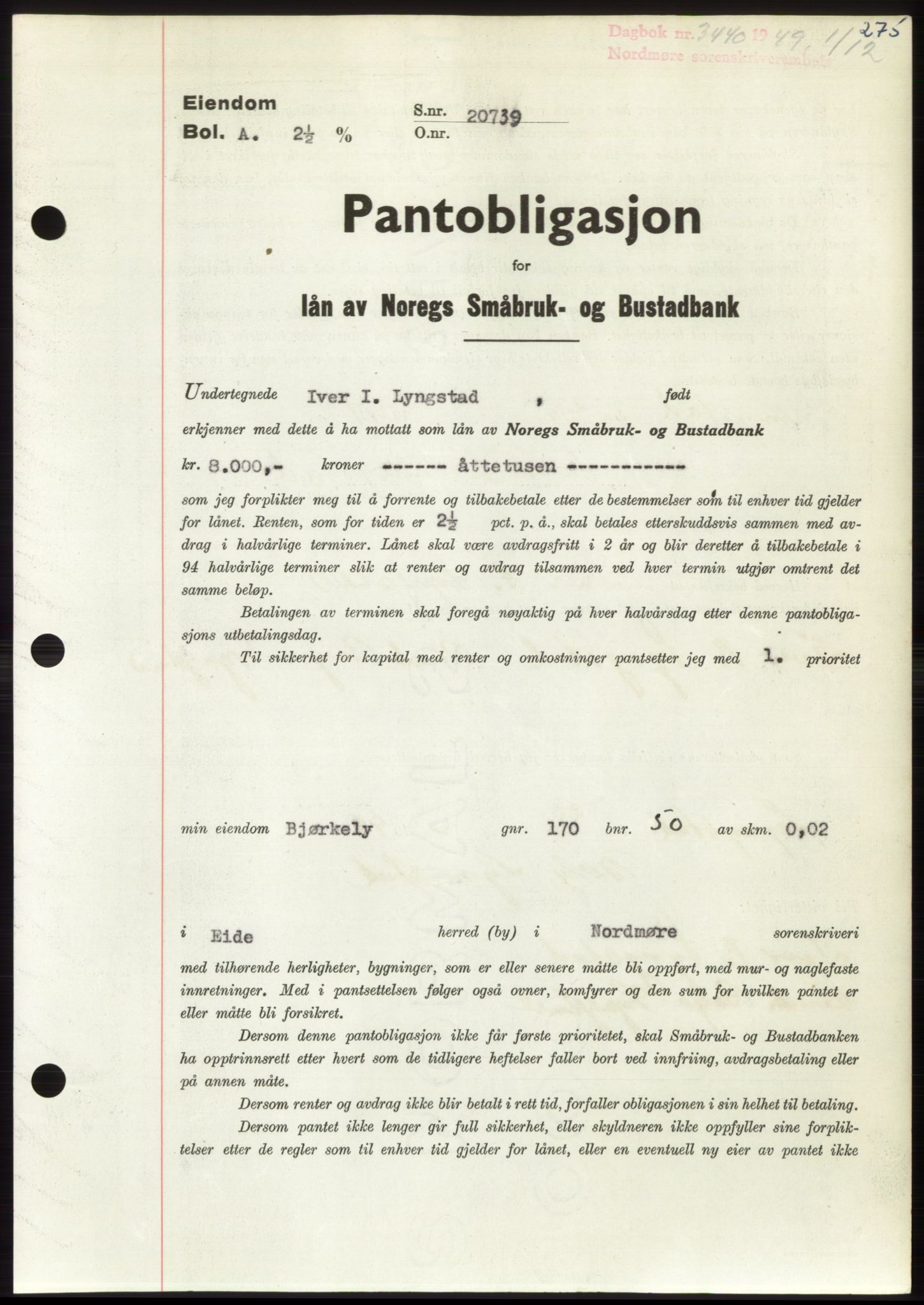 Nordmøre sorenskriveri, AV/SAT-A-4132/1/2/2Ca: Pantebok nr. B103, 1949-1950, Dagboknr: 3440/1949