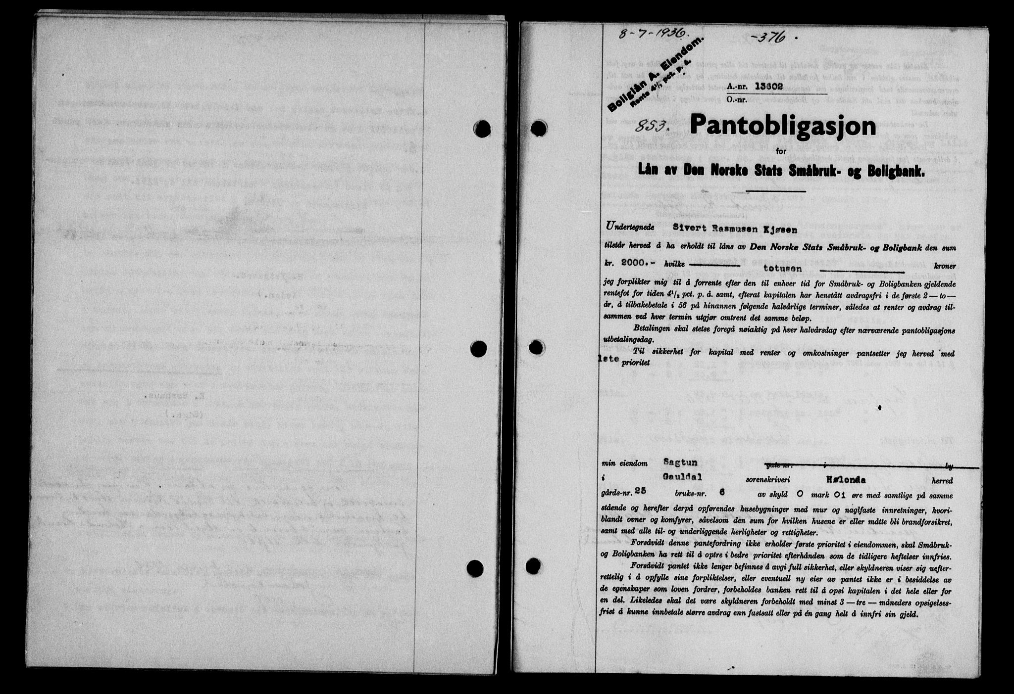 Gauldal sorenskriveri, SAT/A-0014/1/2/2C/L0046: Pantebok nr. 49-50, 1936-1937, Dagboknr: 853/1936