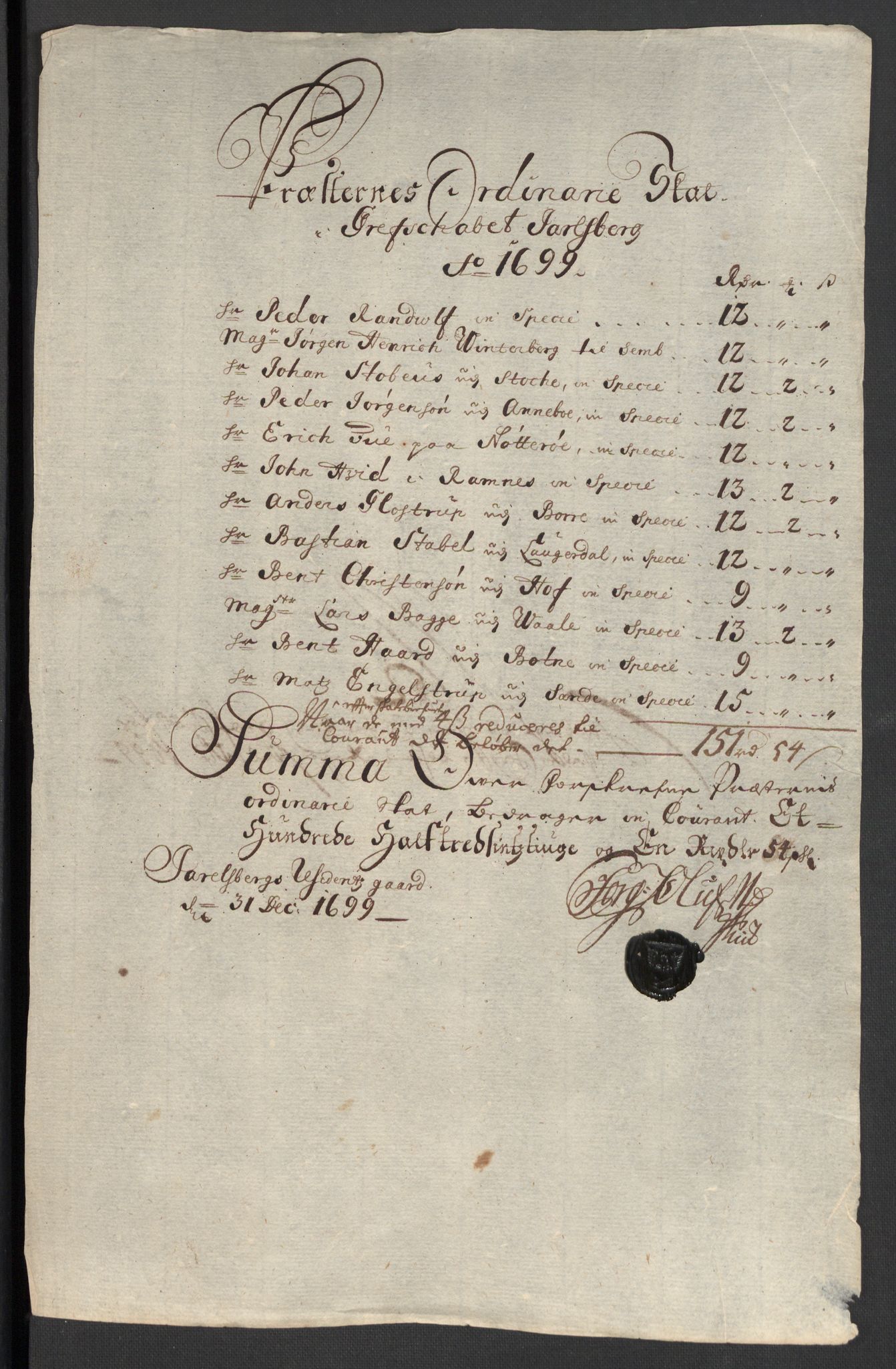 Rentekammeret inntil 1814, Reviderte regnskaper, Fogderegnskap, RA/EA-4092/R32/L1868: Fogderegnskap Jarlsberg grevskap, 1697-1699, s. 267