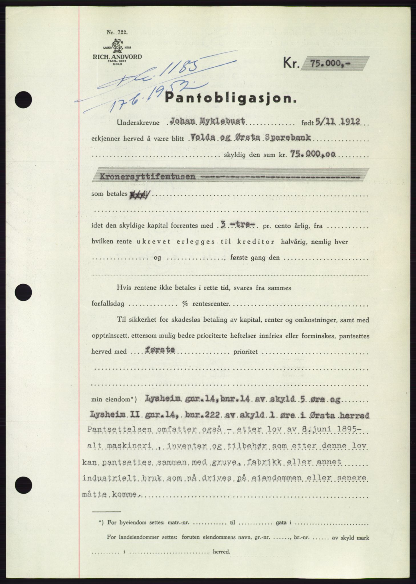 Søre Sunnmøre sorenskriveri, AV/SAT-A-4122/1/2/2C/L0121: Pantebok nr. 9B, 1951-1952, Dagboknr: 1185/1952