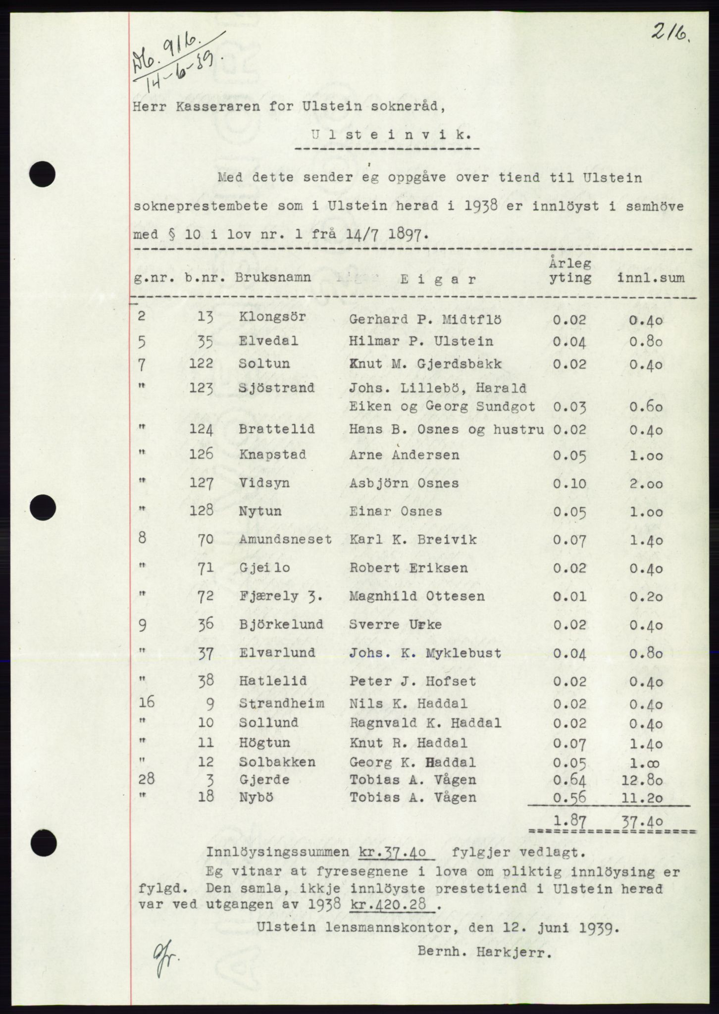 Søre Sunnmøre sorenskriveri, AV/SAT-A-4122/1/2/2C/L0068: Pantebok nr. 62, 1939-1939, Dagboknr: 916/1939