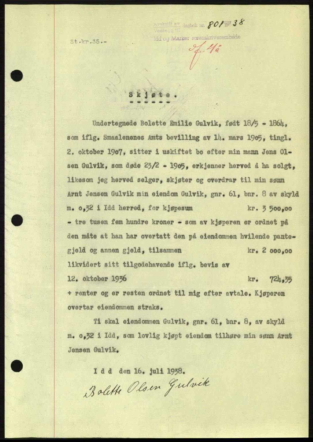 Idd og Marker sorenskriveri, AV/SAO-A-10283/G/Gb/Gbb/L0002: Pantebok nr. A2, 1937-1938, Dagboknr: 801/1938