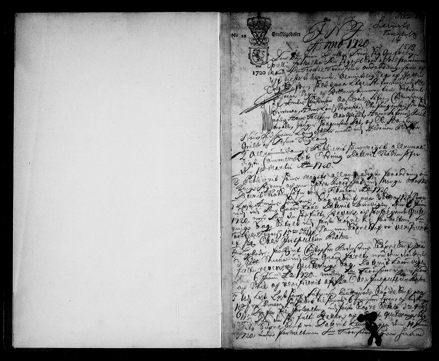 Larvik sorenskriveri, SAKO/A-83/F/Fa/L0014: Tingbok, 1720-1723, s. 1