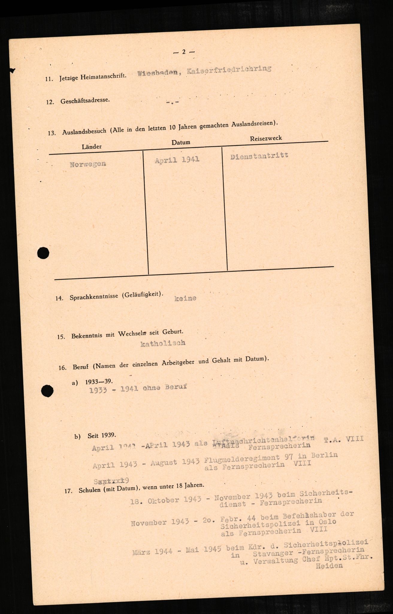 Forsvaret, Forsvarets overkommando II, RA/RAFA-3915/D/Db/L0002: CI Questionaires. Tyske okkupasjonsstyrker i Norge. Tyskere., 1945-1946, s. 64