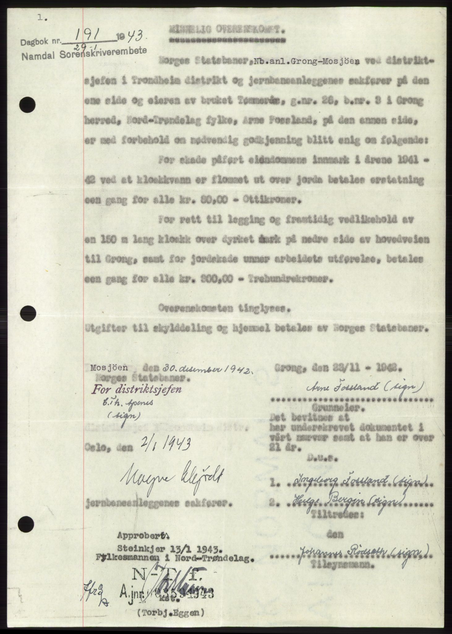 Namdal sorenskriveri, SAT/A-4133/1/2/2C: Pantebok nr. -, 1942-1943, Dagboknr: 191/1943