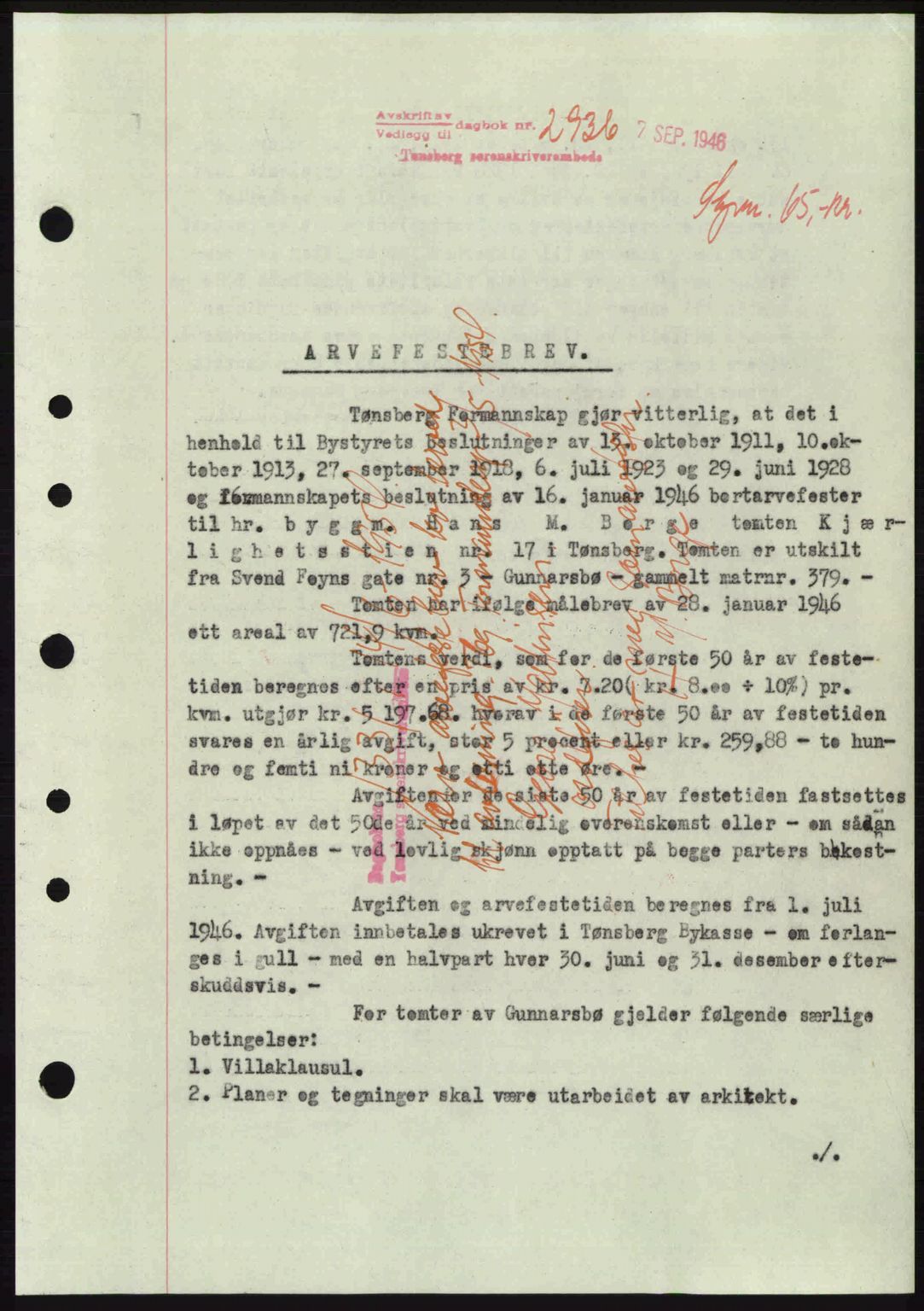 Tønsberg sorenskriveri, SAKO/A-130/G/Ga/Gaa/L0019: Pantebok nr. A19, 1946-1946, Dagboknr: 2936/1946