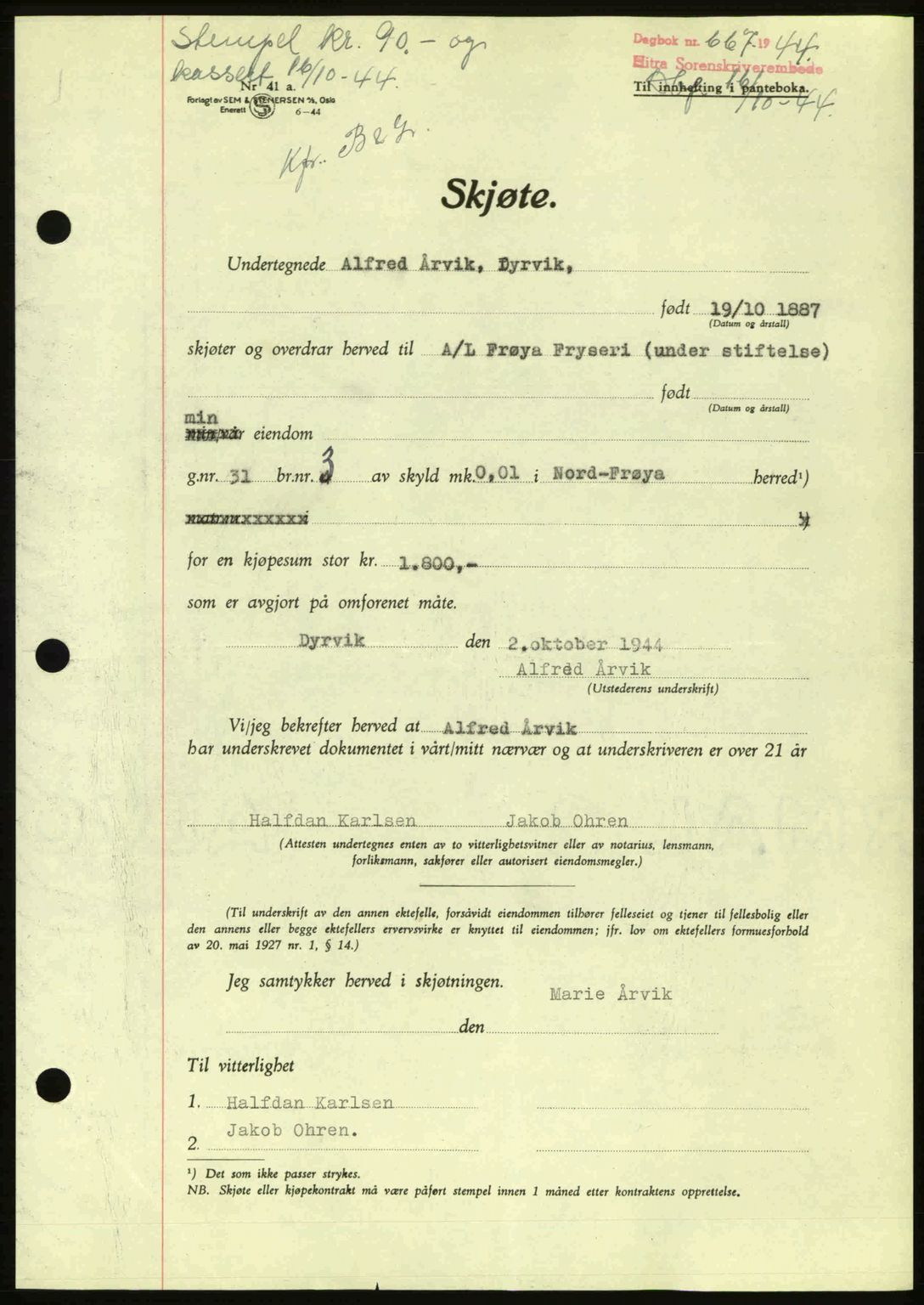 Hitra sorenskriveri, AV/SAT-A-0018/2/2C/2Ca: Pantebok nr. A2, 1943-1945, Dagboknr: 667/1944