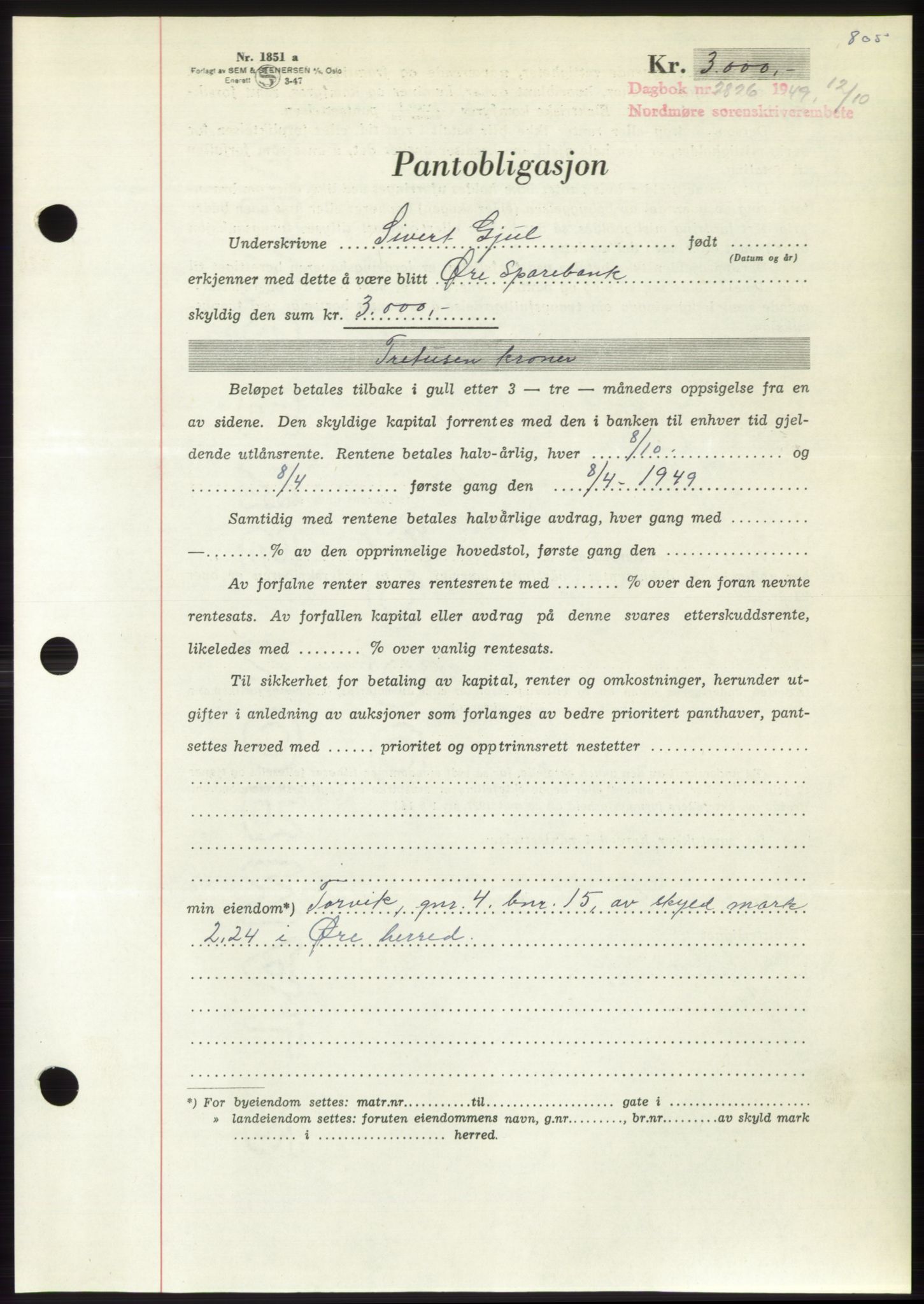 Nordmøre sorenskriveri, AV/SAT-A-4132/1/2/2Ca: Pantebok nr. B102, 1949-1949, Dagboknr: 2826/1949