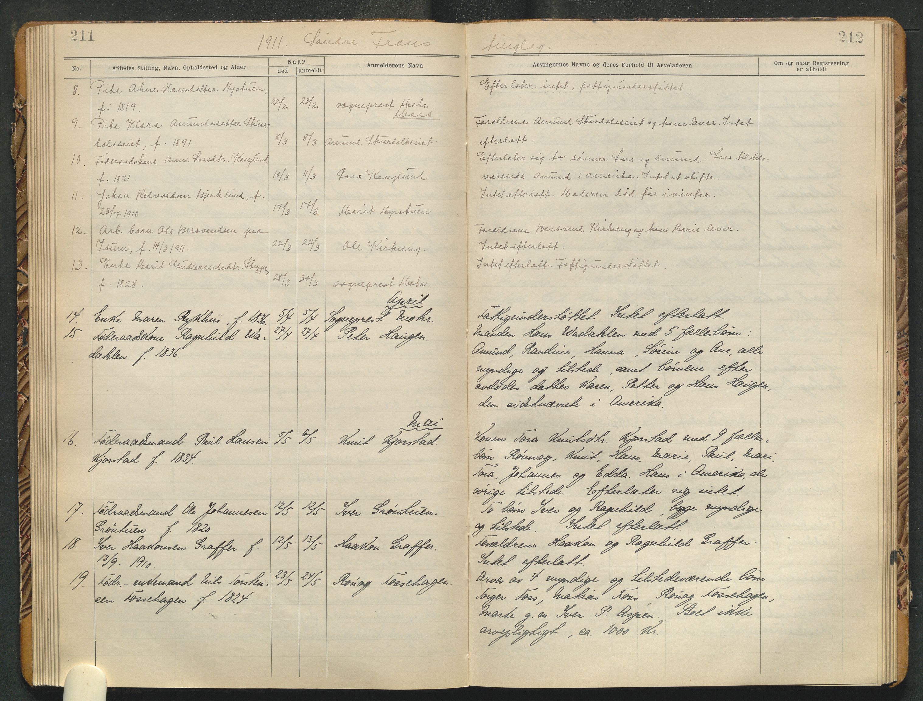 Sør-Gudbrandsdal tingrett, AV/SAH-TING-004/J/Jd/Jda/L0004: Dødsfallsprotokoll  - landet, 1906-1914, s. 211-212