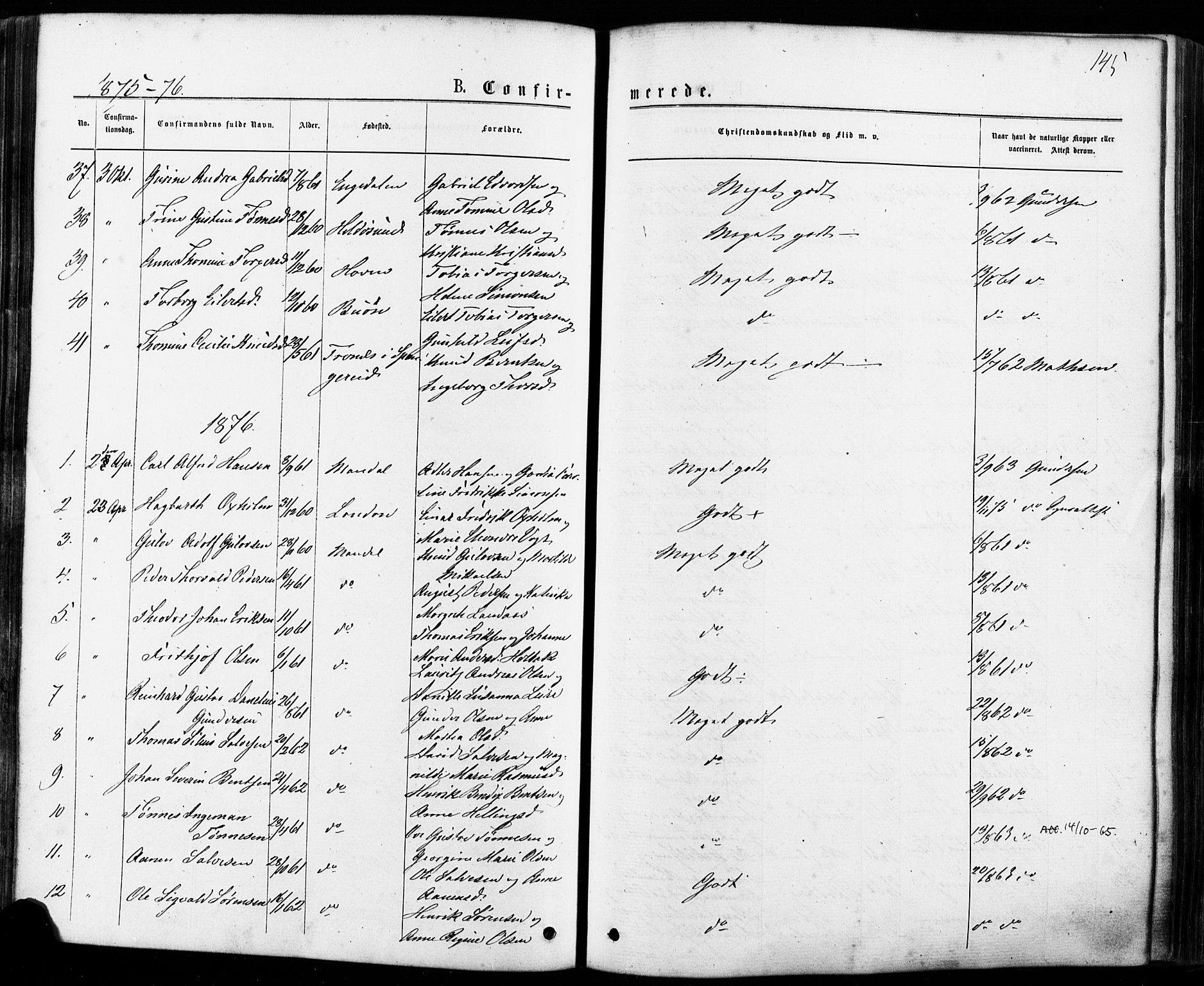 Mandal sokneprestkontor, SAK/1111-0030/F/Fa/Faa/L0015: Ministerialbok nr. A 15, 1873-1879, s. 145