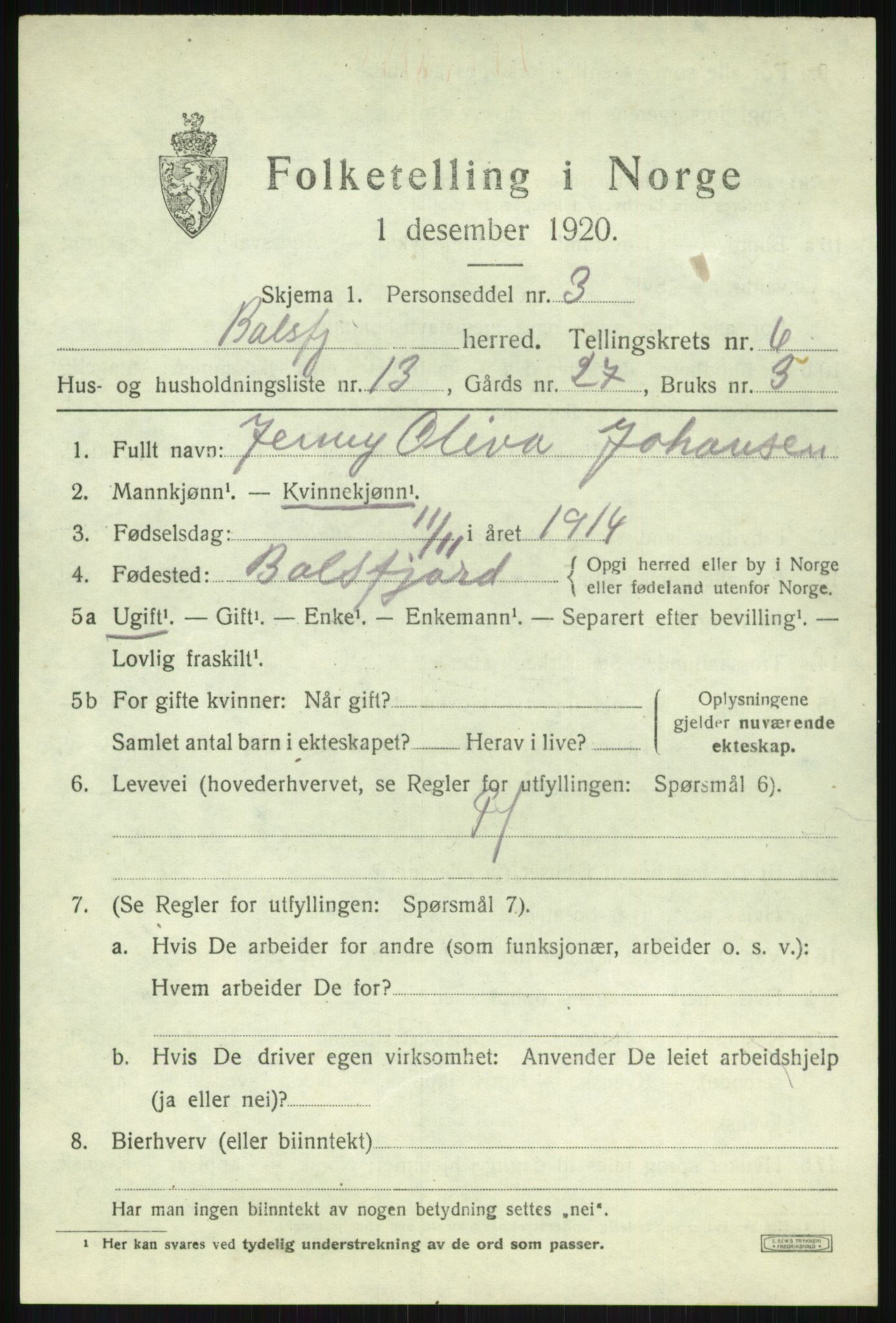 SATØ, Folketelling 1920 for 1933 Balsfjord herred, 1920, s. 3864