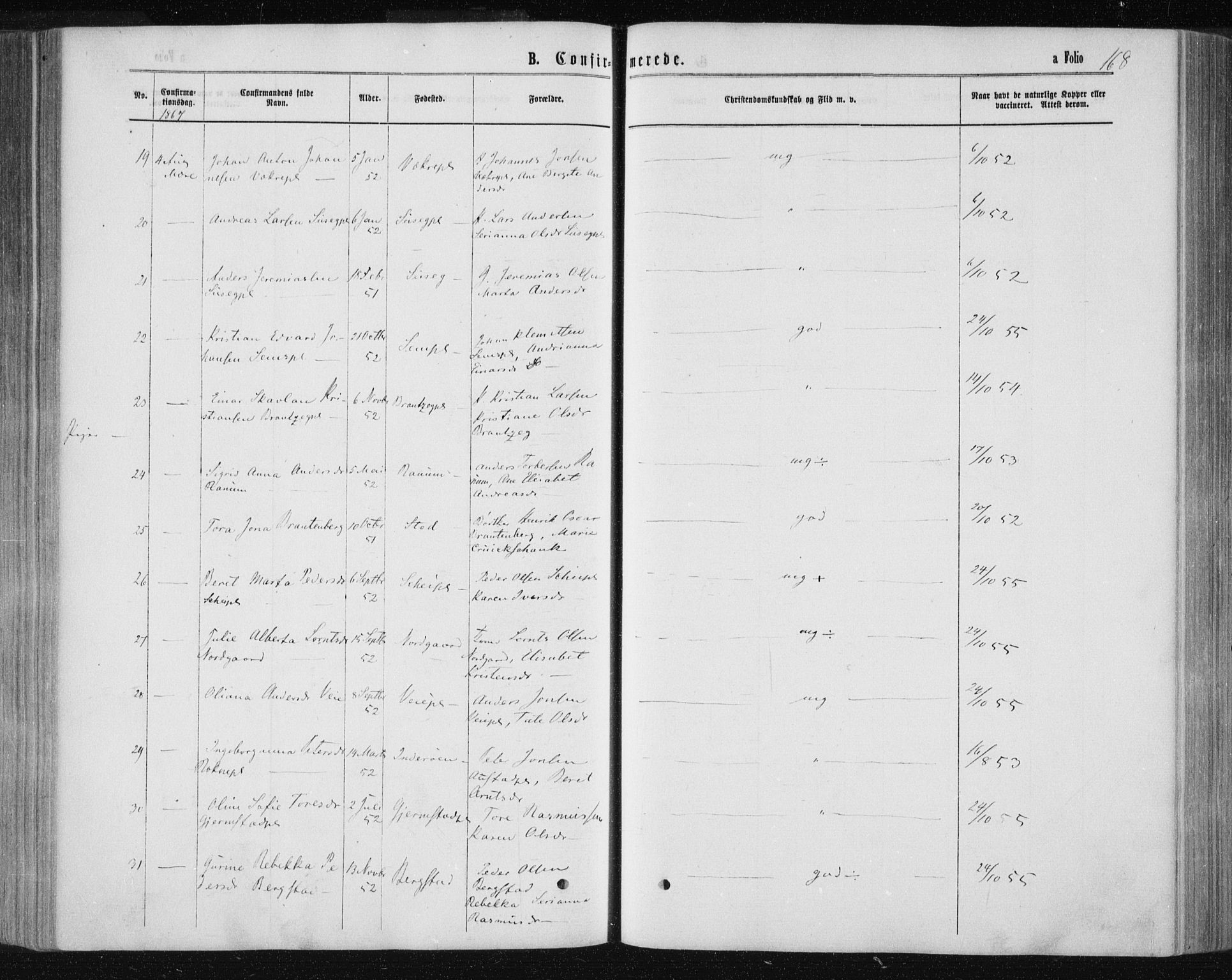Ministerialprotokoller, klokkerbøker og fødselsregistre - Nord-Trøndelag, AV/SAT-A-1458/735/L0345: Ministerialbok nr. 735A08 /1, 1863-1872, s. 168