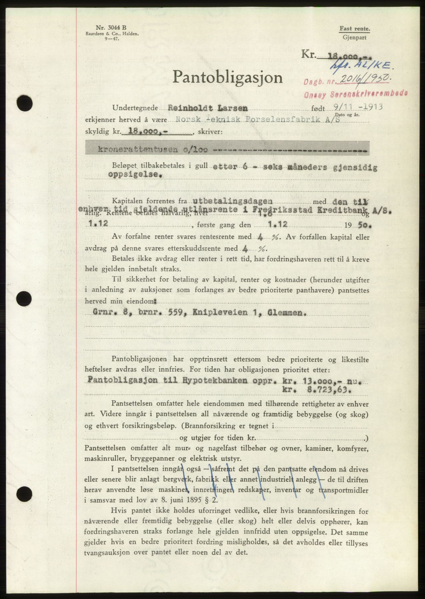 Onsøy sorenskriveri, SAO/A-10474/G/Ga/Gac/L0010: Pantebok nr. B 18-10, 1950-1950, Dagboknr: 2016/1950