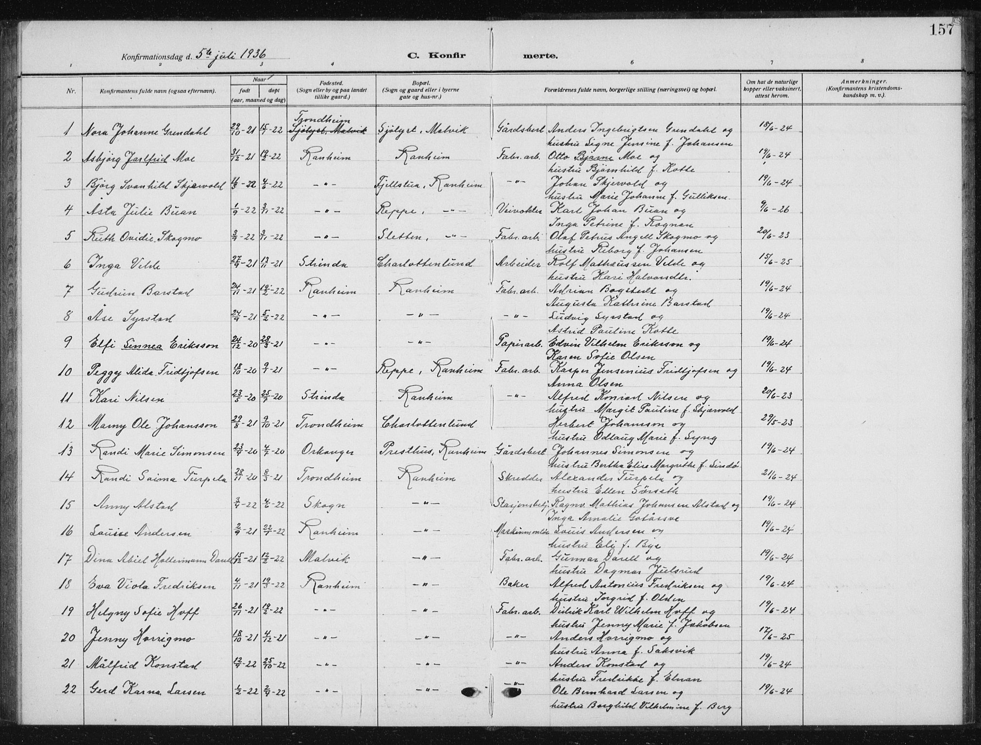 Ministerialprotokoller, klokkerbøker og fødselsregistre - Sør-Trøndelag, SAT/A-1456/615/L0401: Klokkerbok nr. 615C02, 1922-1941, s. 157