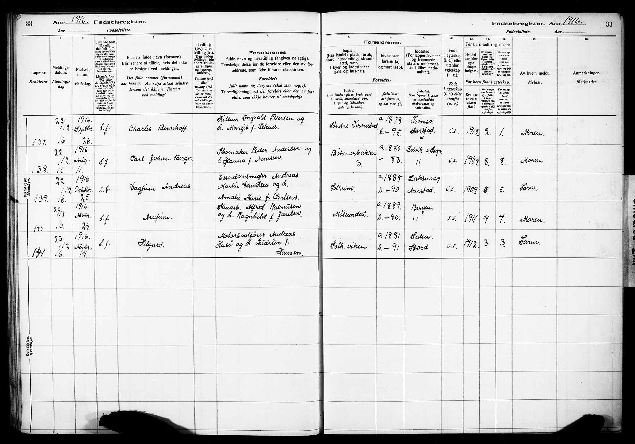 Årstad Sokneprestembete, SAB/A-79301/I/Id/L0A01: Fødselsregister nr. A 1, 1916-1920, s. 33