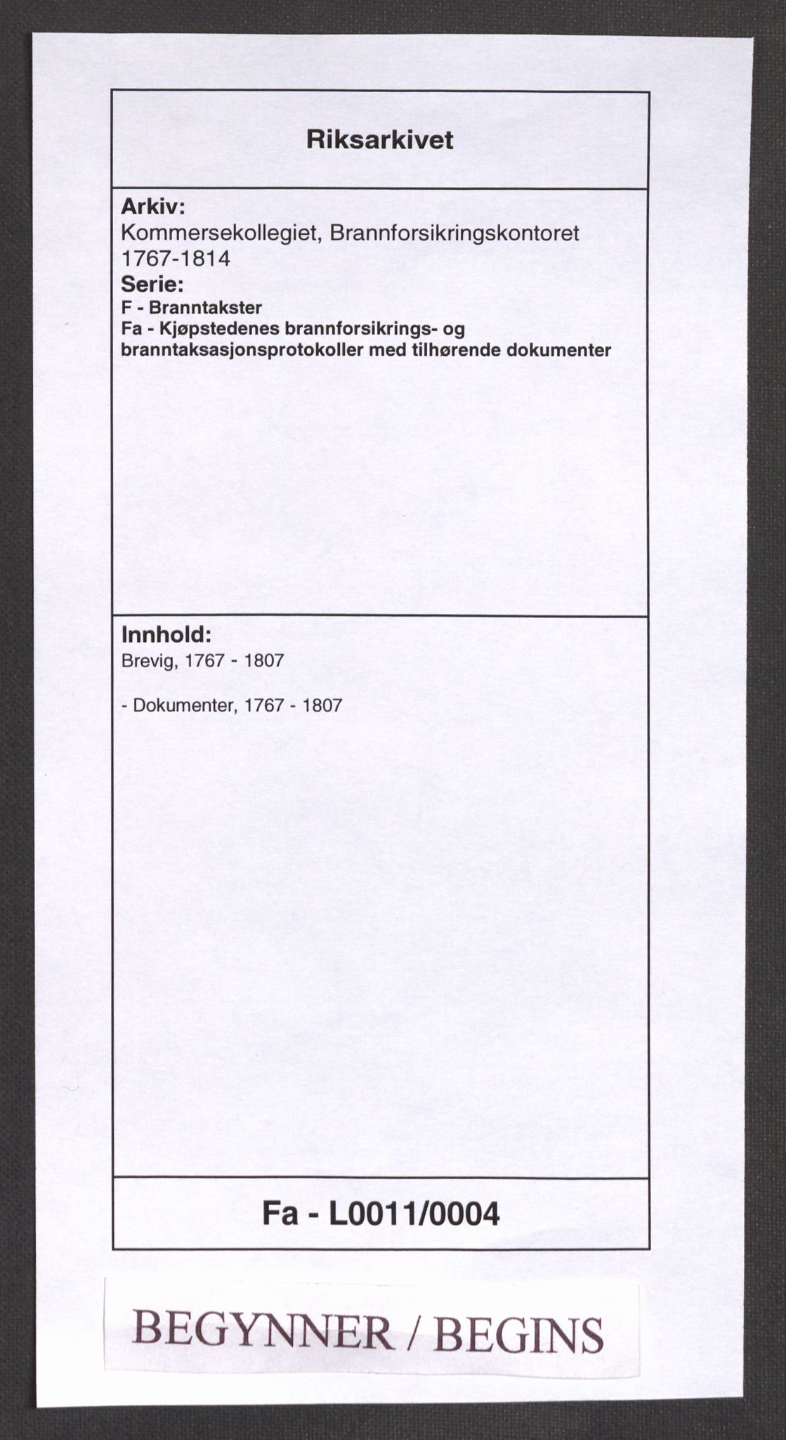 Kommersekollegiet, Brannforsikringskontoret 1767-1814, RA/EA-5458/F/Fa/L0011/0004: Brevik / Dokumenter, 1767-1807