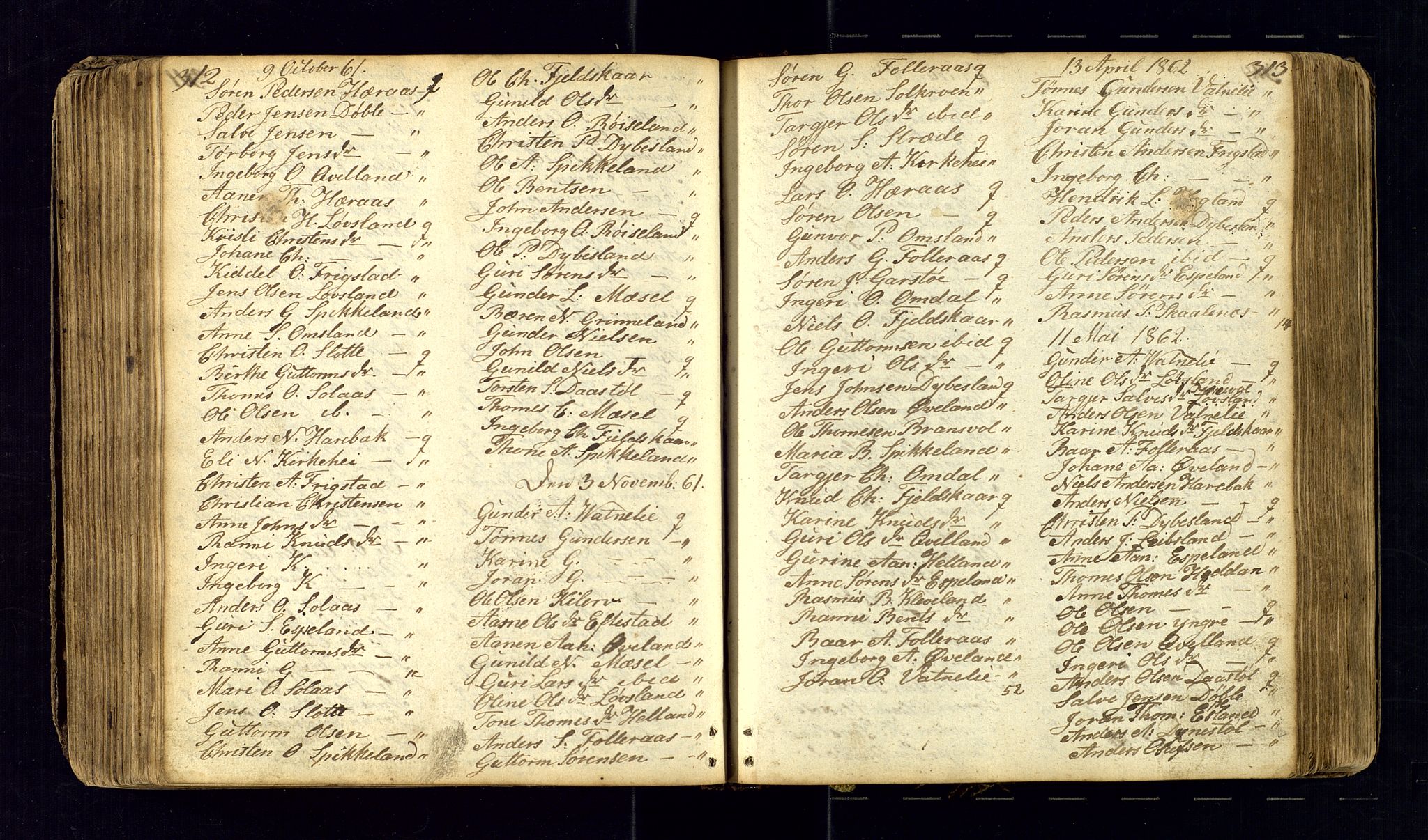 Bjelland sokneprestkontor, AV/SAK-1111-0005/F/Fc/Fcb/L0001: Kommunikantprotokoll nr. C-1, 1827-1906, s. 312-313