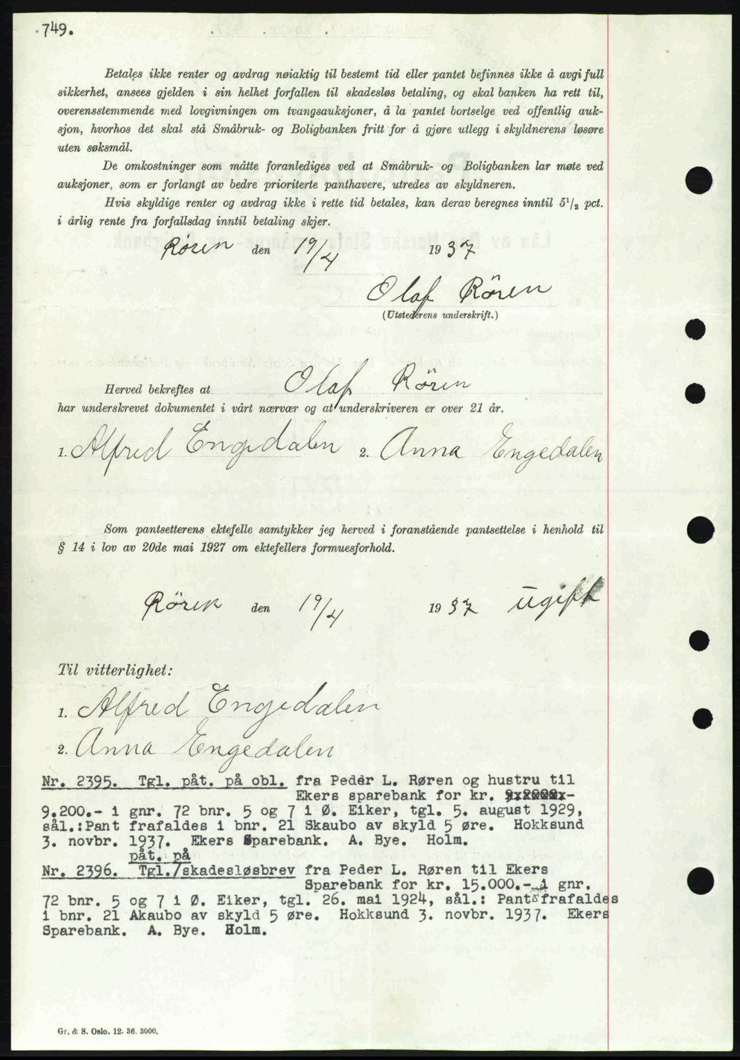 Eiker, Modum og Sigdal sorenskriveri, SAKO/A-123/G/Ga/Gab/L0036: Pantebok nr. A6, 1937-1937, Dagboknr: 2395/1937