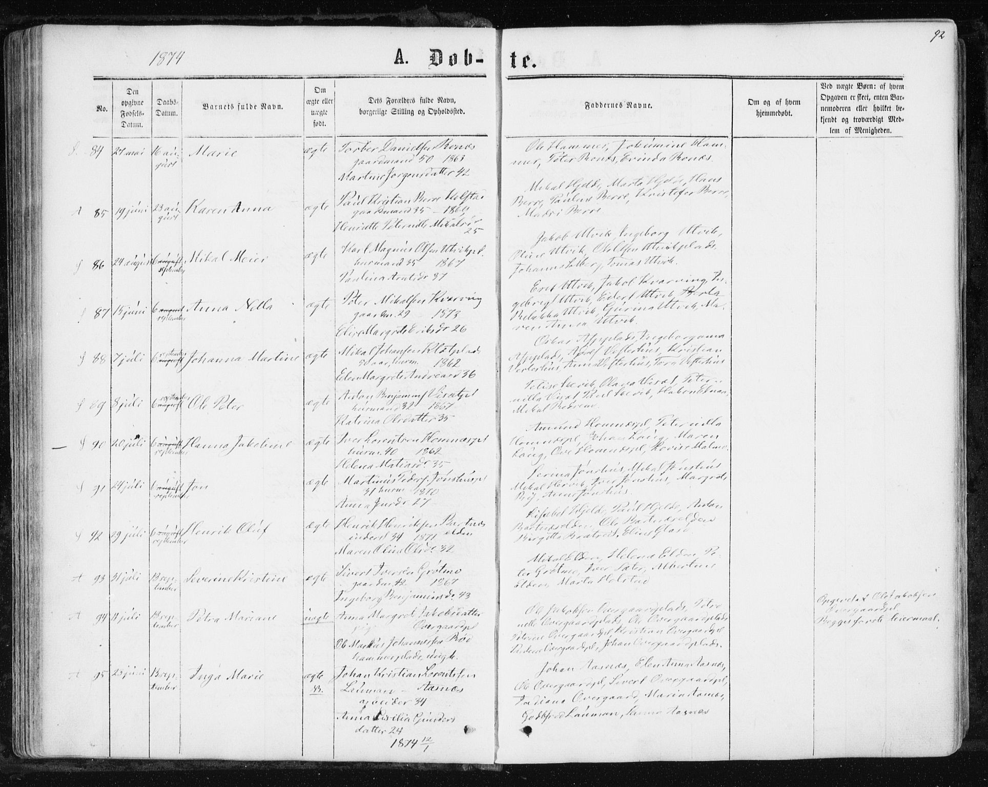 Ministerialprotokoller, klokkerbøker og fødselsregistre - Nord-Trøndelag, AV/SAT-A-1458/741/L0394: Ministerialbok nr. 741A08, 1864-1877, s. 92