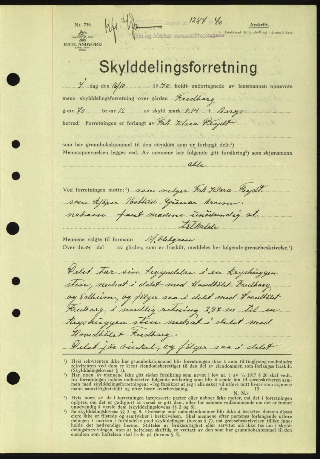 Idd og Marker sorenskriveri, AV/SAO-A-10283/G/Gb/Gbb/L0004: Pantebok nr. A4, 1940-1941, Dagboknr: 1284/1940