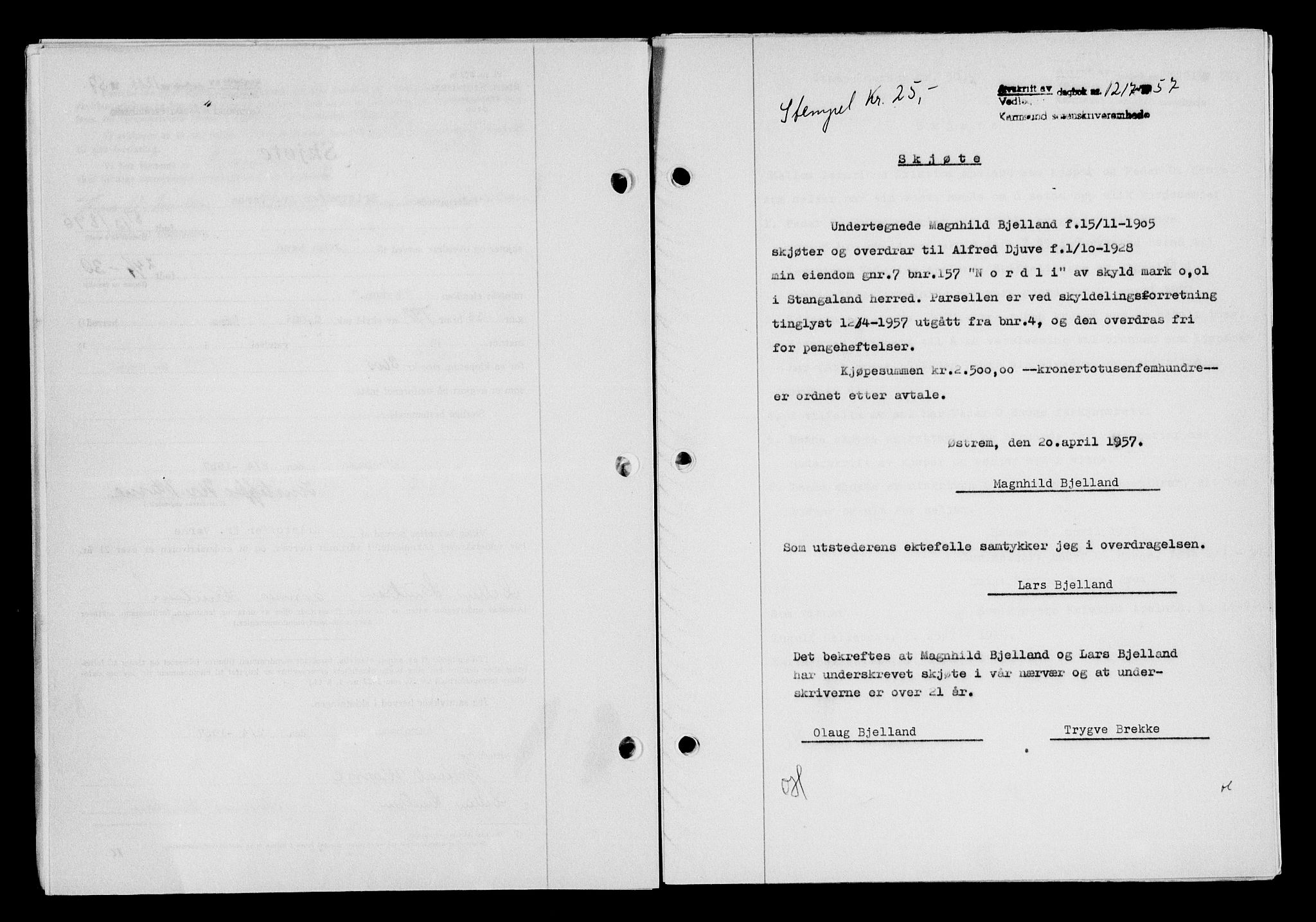 Karmsund sorenskriveri, SAST/A-100311/01/II/IIB/L0124: Pantebok nr. 104A, 1957-1957, Dagboknr: 1217/1957