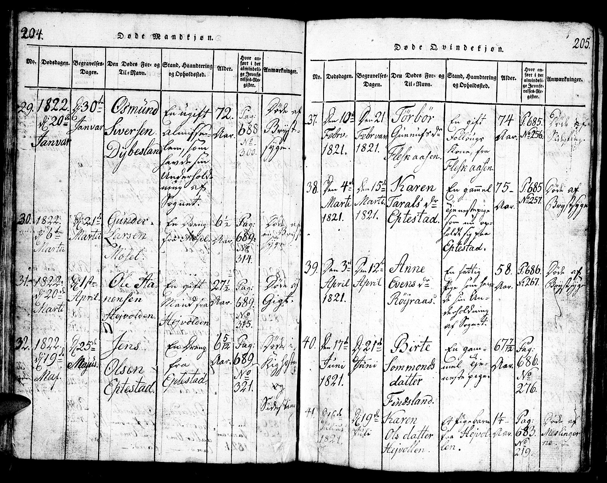 Bjelland sokneprestkontor, AV/SAK-1111-0005/F/Fb/Fbb/L0003: Klokkerbok nr. B 3, 1816-1868, s. 204-205