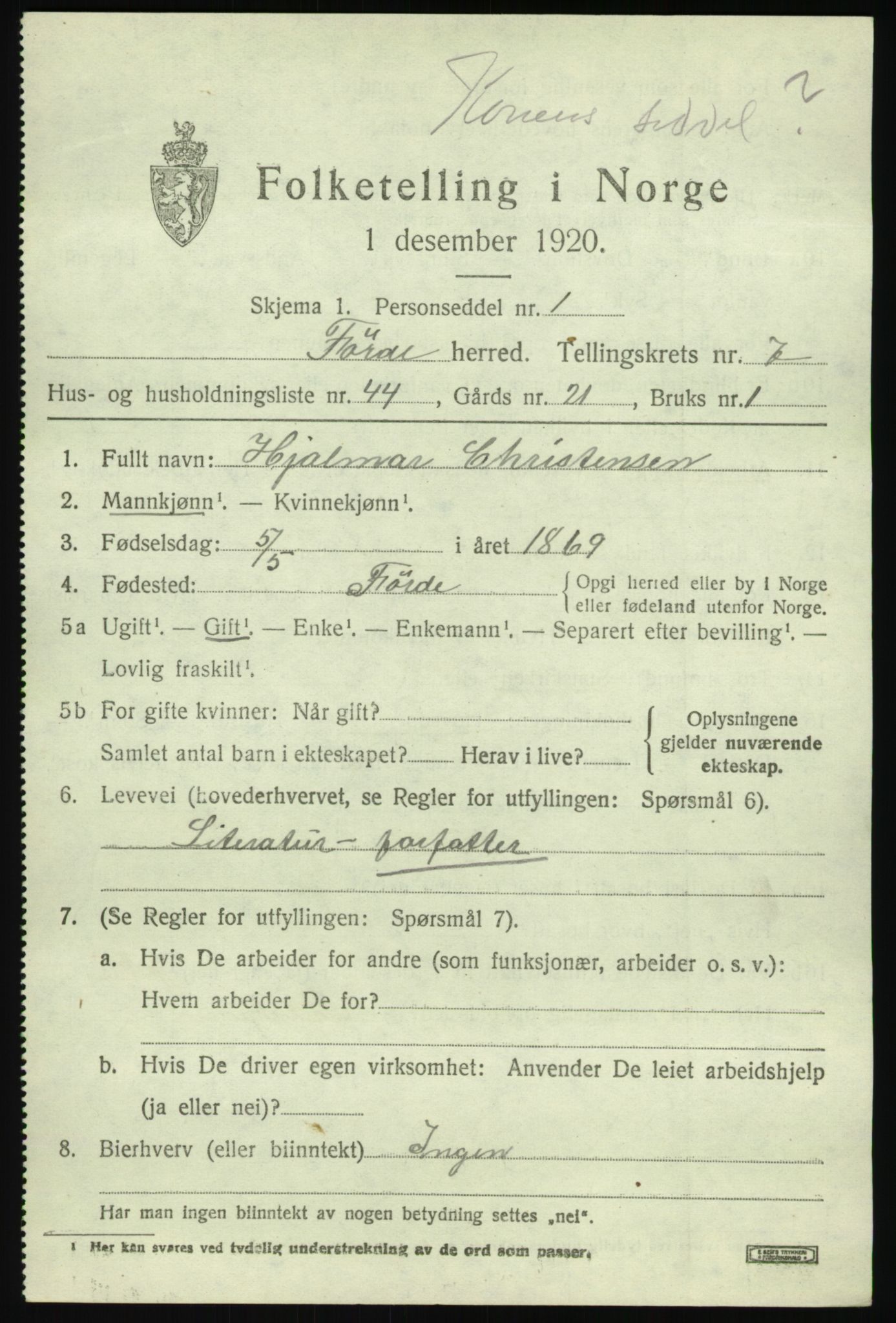 SAB, Folketelling 1920 for 1432 Førde herred, 1920, s. 2820