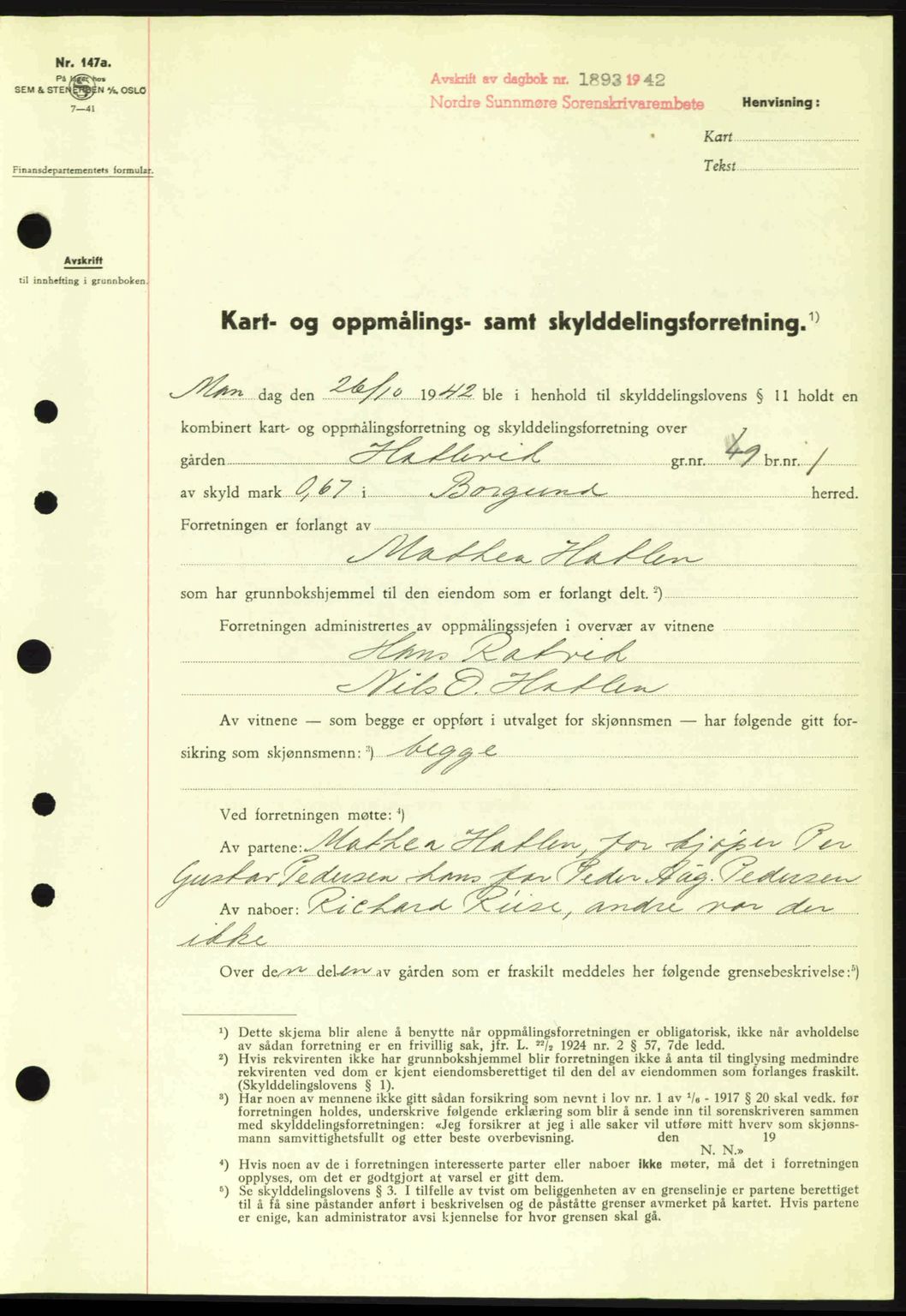 Nordre Sunnmøre sorenskriveri, AV/SAT-A-0006/1/2/2C/2Ca: Pantebok nr. A15, 1942-1943, Dagboknr: 1893/1942