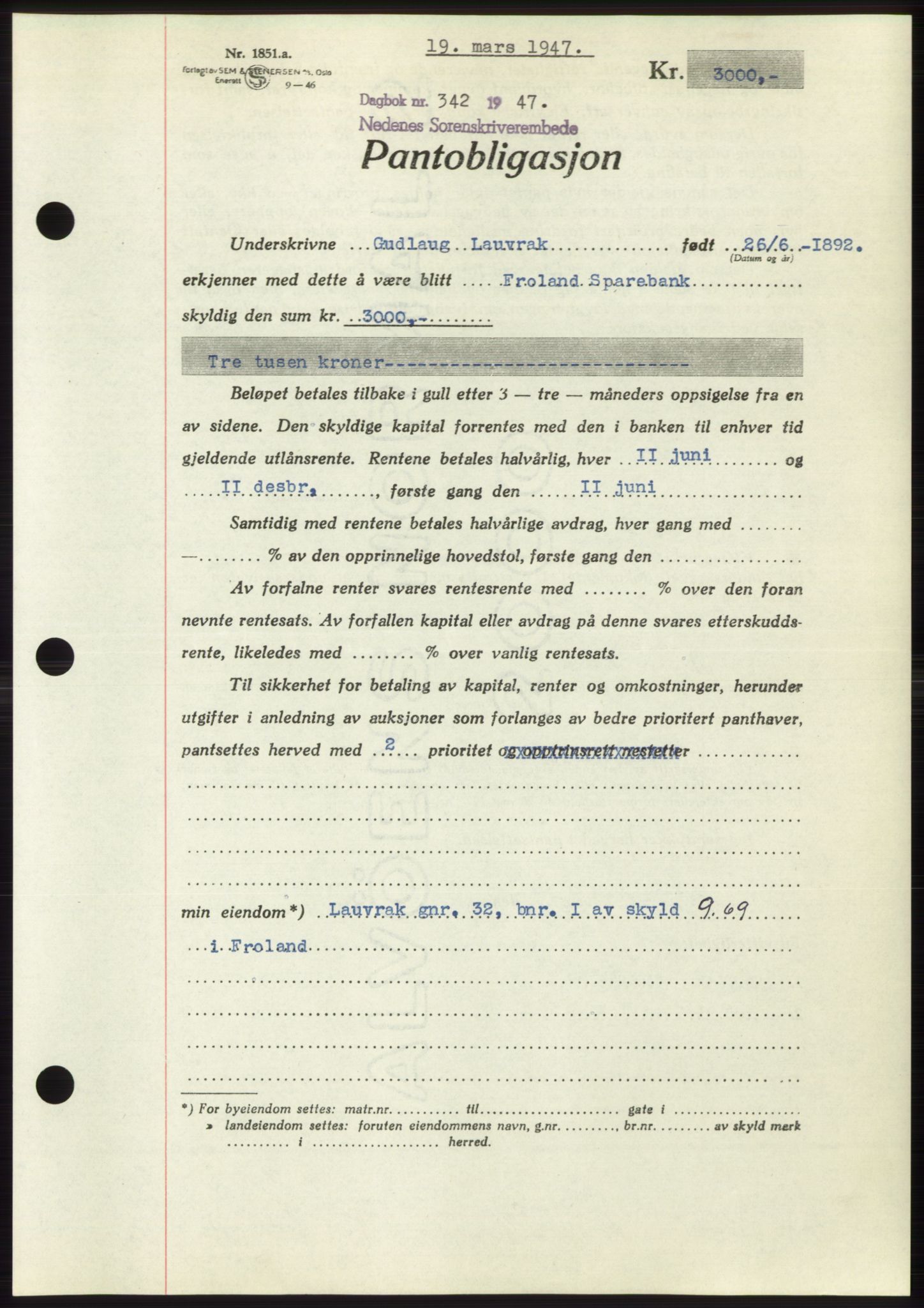 Nedenes sorenskriveri, AV/SAK-1221-0006/G/Gb/Gbb/L0004: Pantebok nr. B4, 1947-1947, Dagboknr: 342/1947