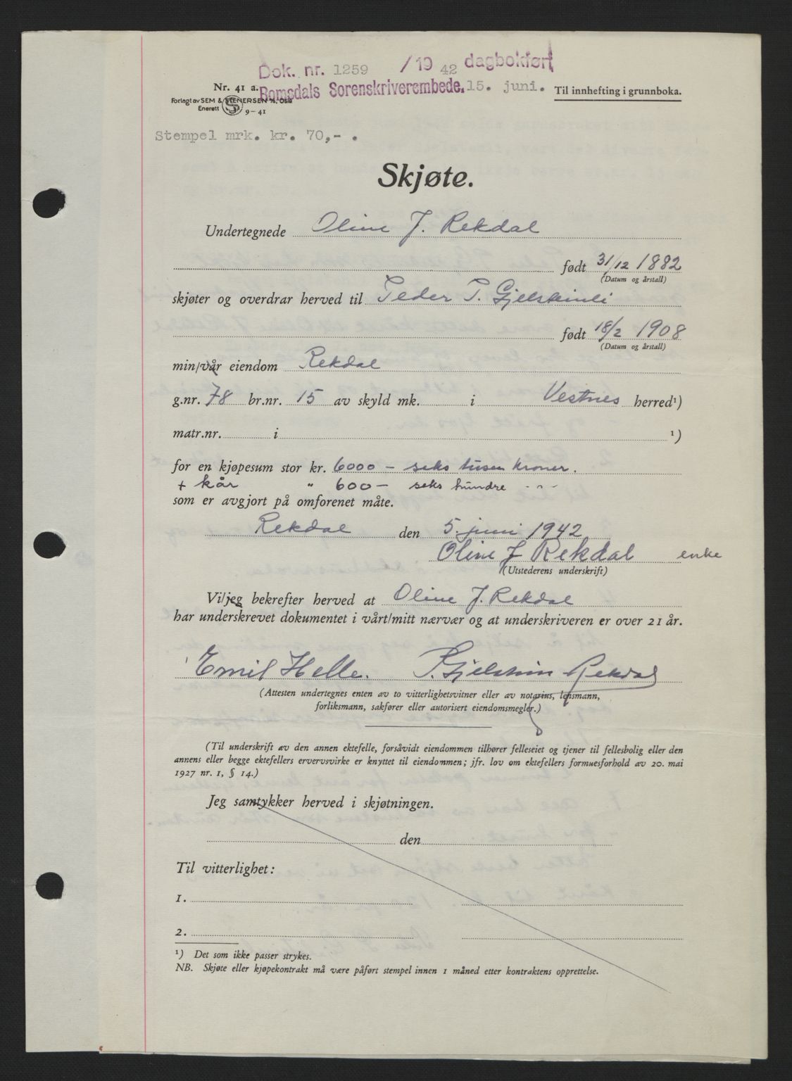 Romsdal sorenskriveri, SAT/A-4149/1/2/2C: Pantebok nr. A12, 1942-1942, Dagboknr: 1259/1942