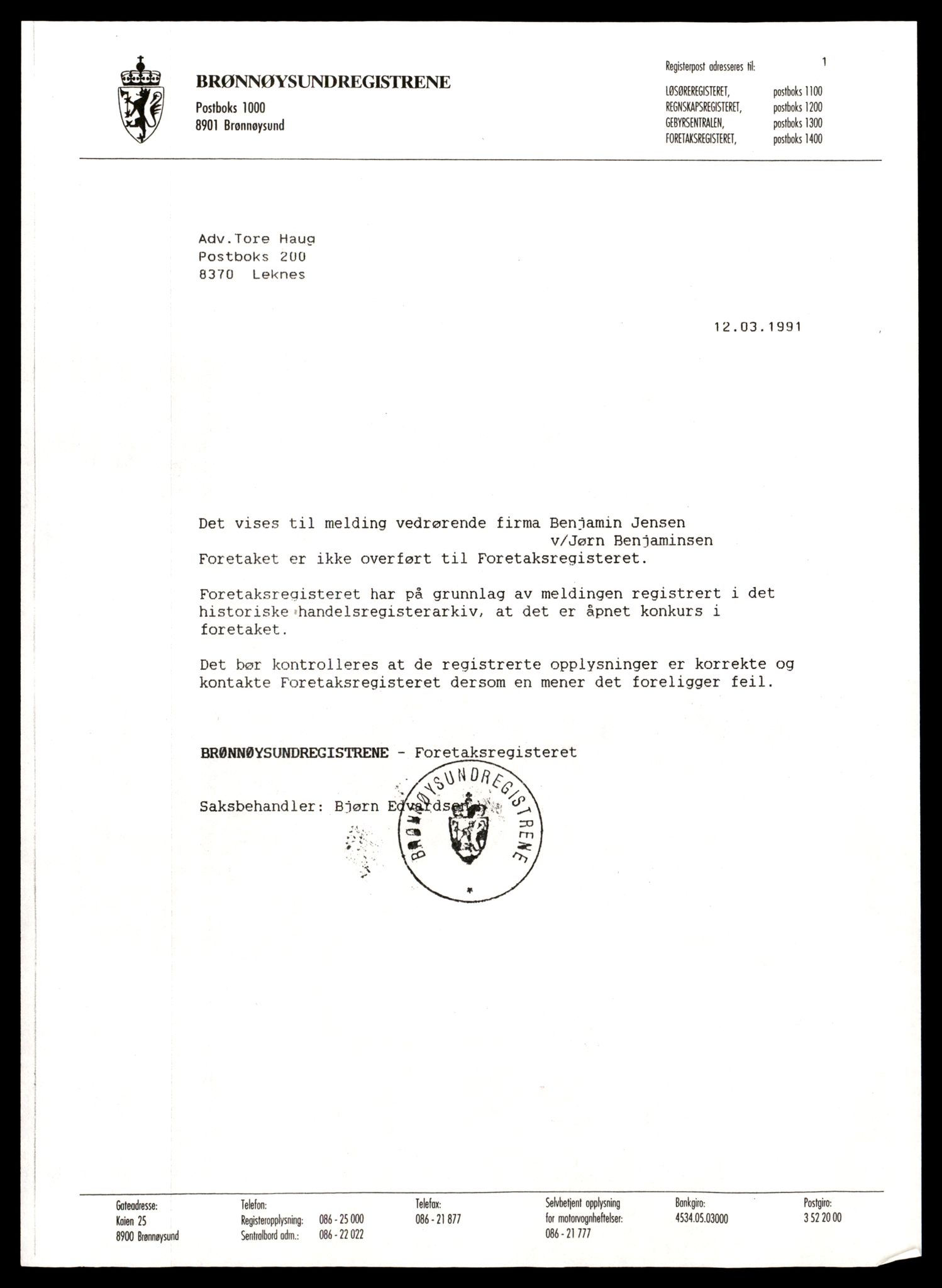Lofoten sorenskriveri, SAT/A-0017/2/J/Jd/Jdc/L0008: Bilag, J-K, 1944-1990, s. 1