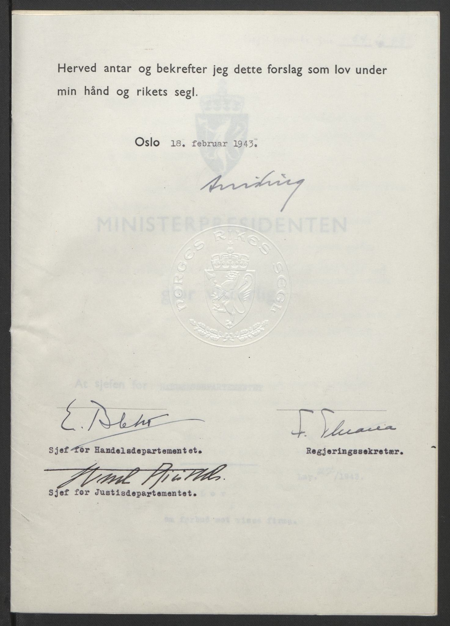 NS-administrasjonen 1940-1945 (Statsrådsekretariatet, de kommisariske statsråder mm), AV/RA-S-4279/D/Db/L0099: Lover, 1943, s. 113