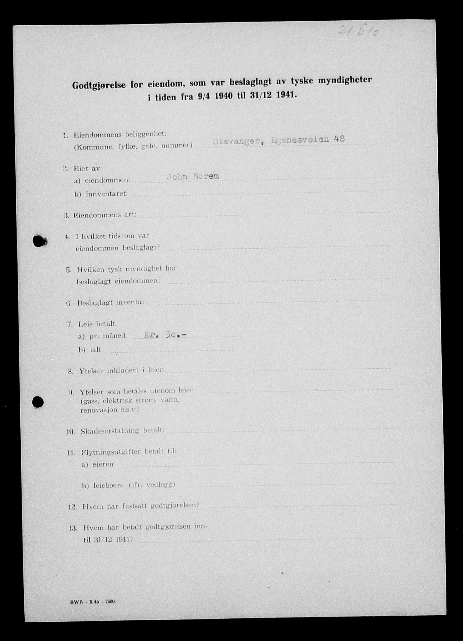 Justisdepartementet, Tilbakeføringskontoret for inndratte formuer, AV/RA-S-1564/I/L1014: Godtgjørelse for beslaglagt eiendom, 1940-1941, s. 98