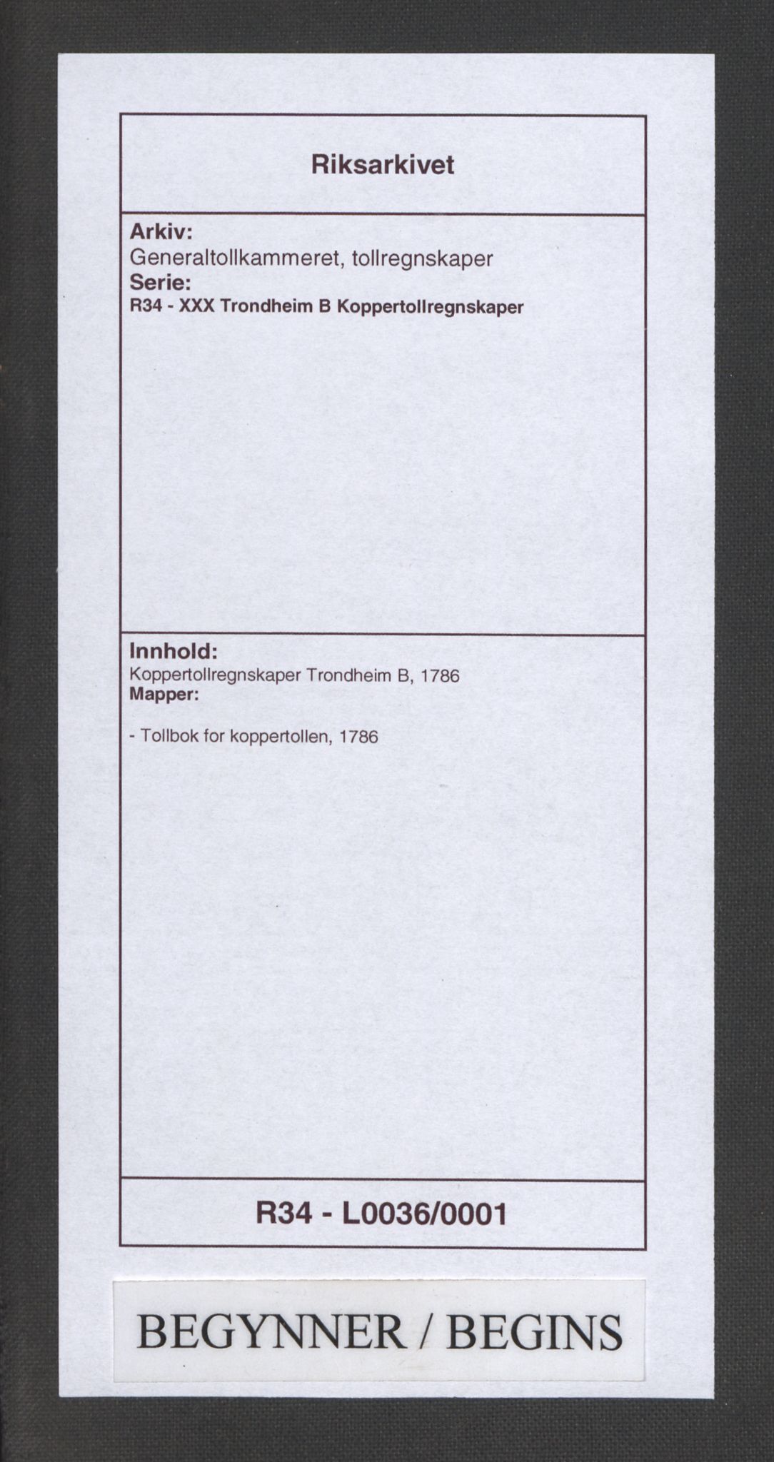 Generaltollkammeret, tollregnskaper, RA/EA-5490/R34/L0036/0001: Koppertollregnskaper Trondheim B / Tollbok for koppertollen, 1786