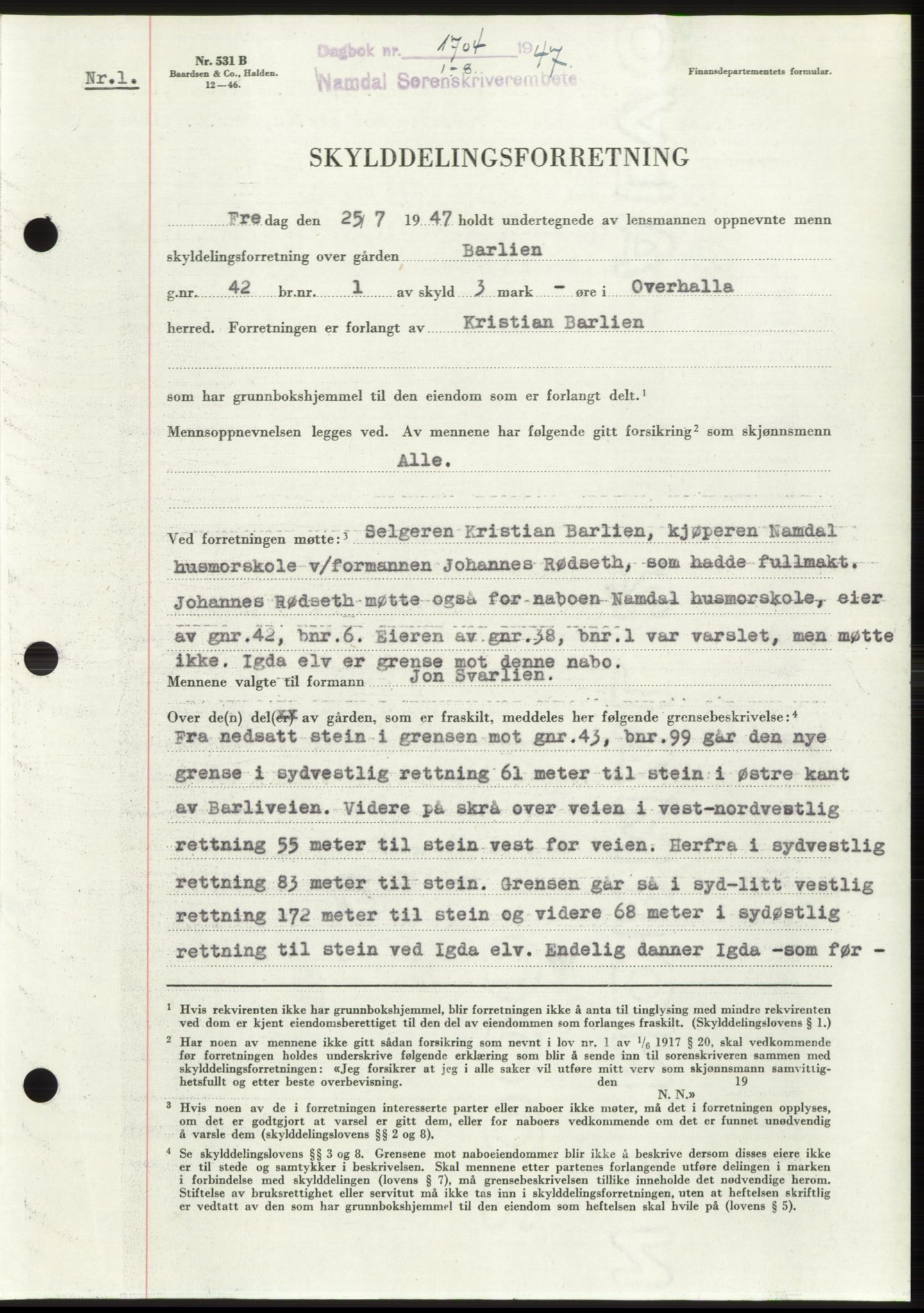 Namdal sorenskriveri, SAT/A-4133/1/2/2C: Pantebok nr. -, 1947-1947, Dagboknr: 1704/1947