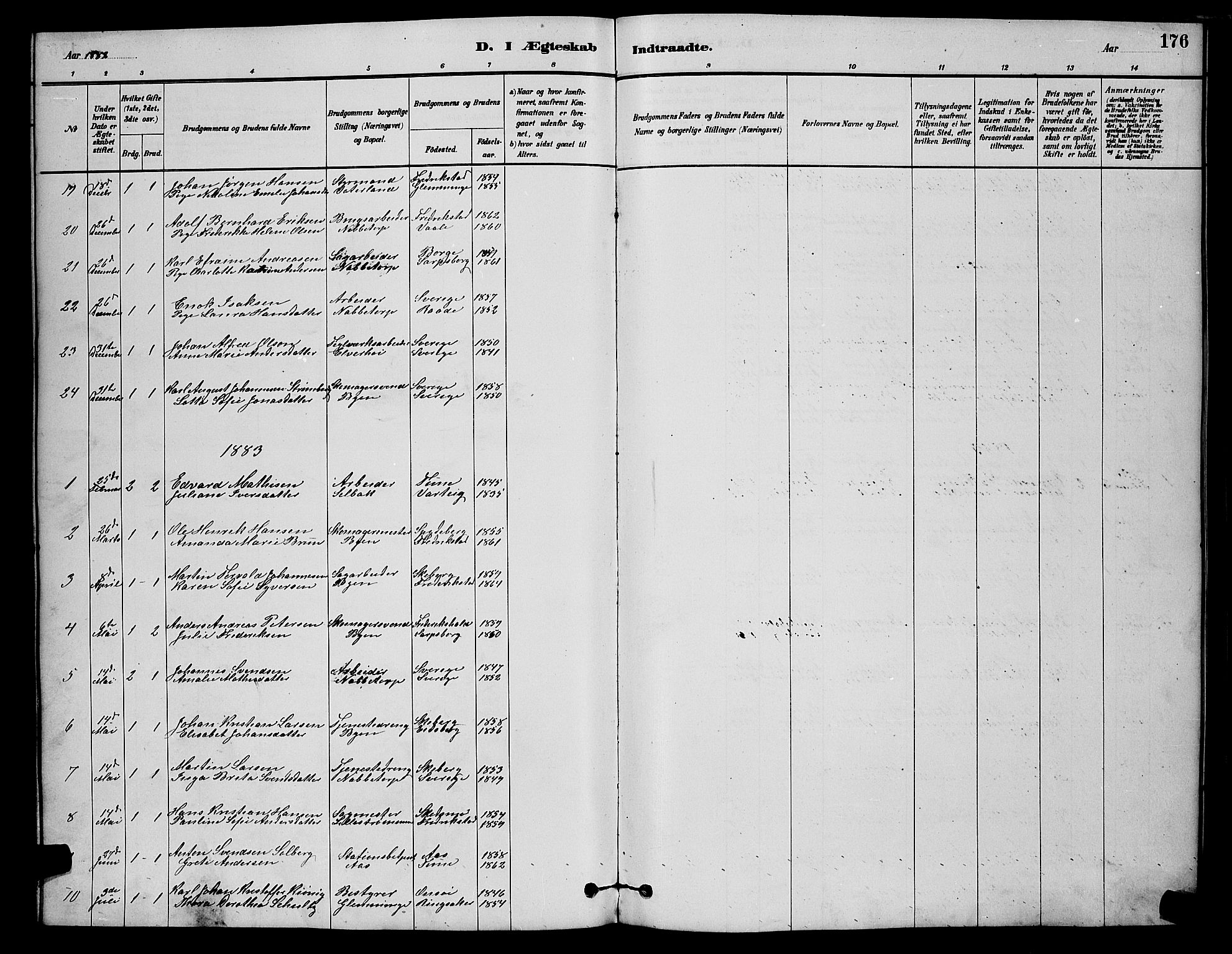 Østre Fredrikstad prestekontor Kirkebøker, AV/SAO-A-10907/G/Ga/L0001: Klokkerbok nr. 1, 1880-1899, s. 176