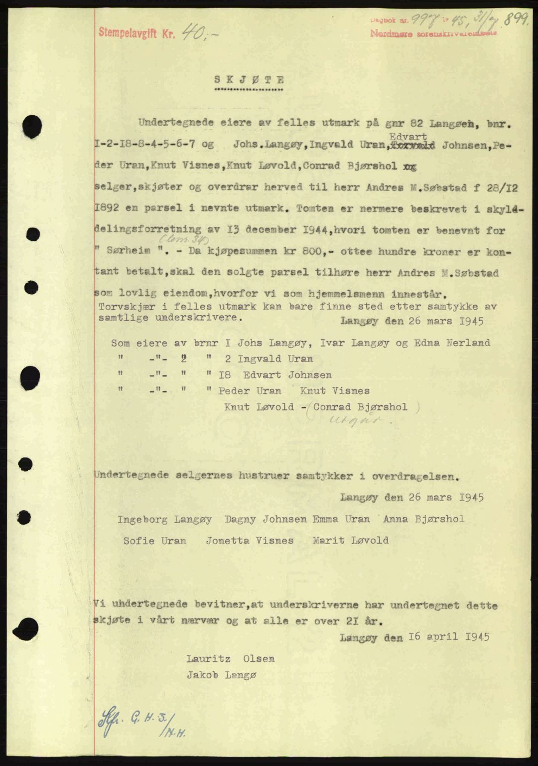 Nordmøre sorenskriveri, SAT/A-4132/1/2/2Ca: Pantebok nr. A99, 1945-1945, Dagboknr: 997/1945