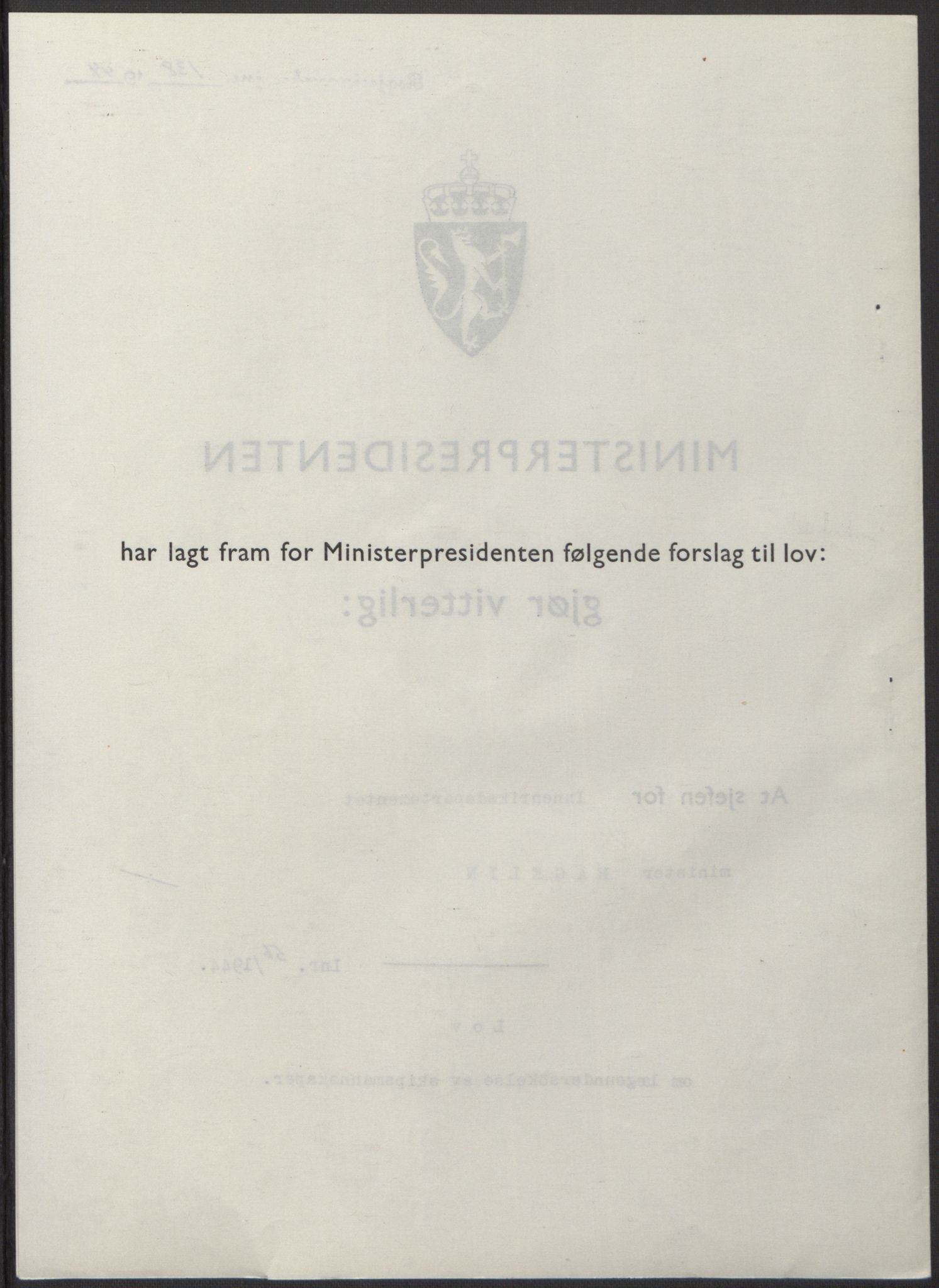 NS-administrasjonen 1940-1945 (Statsrådsekretariatet, de kommisariske statsråder mm), RA/S-4279/D/Db/L0100: Lover, 1944, s. 261