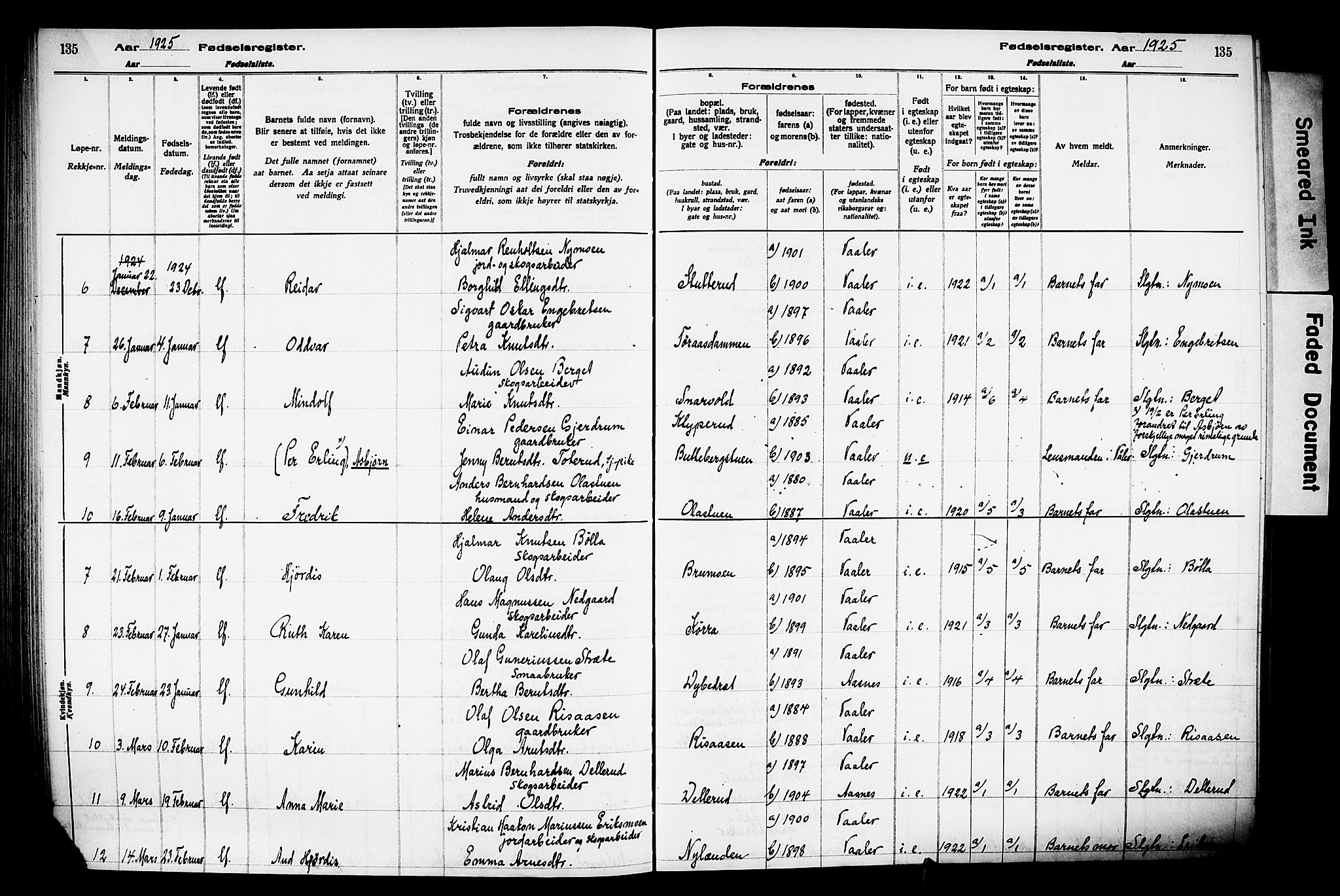 Våler prestekontor, Hedmark, AV/SAH-PREST-040/I/Id/L0001: Fødselsregister nr. 1, 1916-1930, s. 135